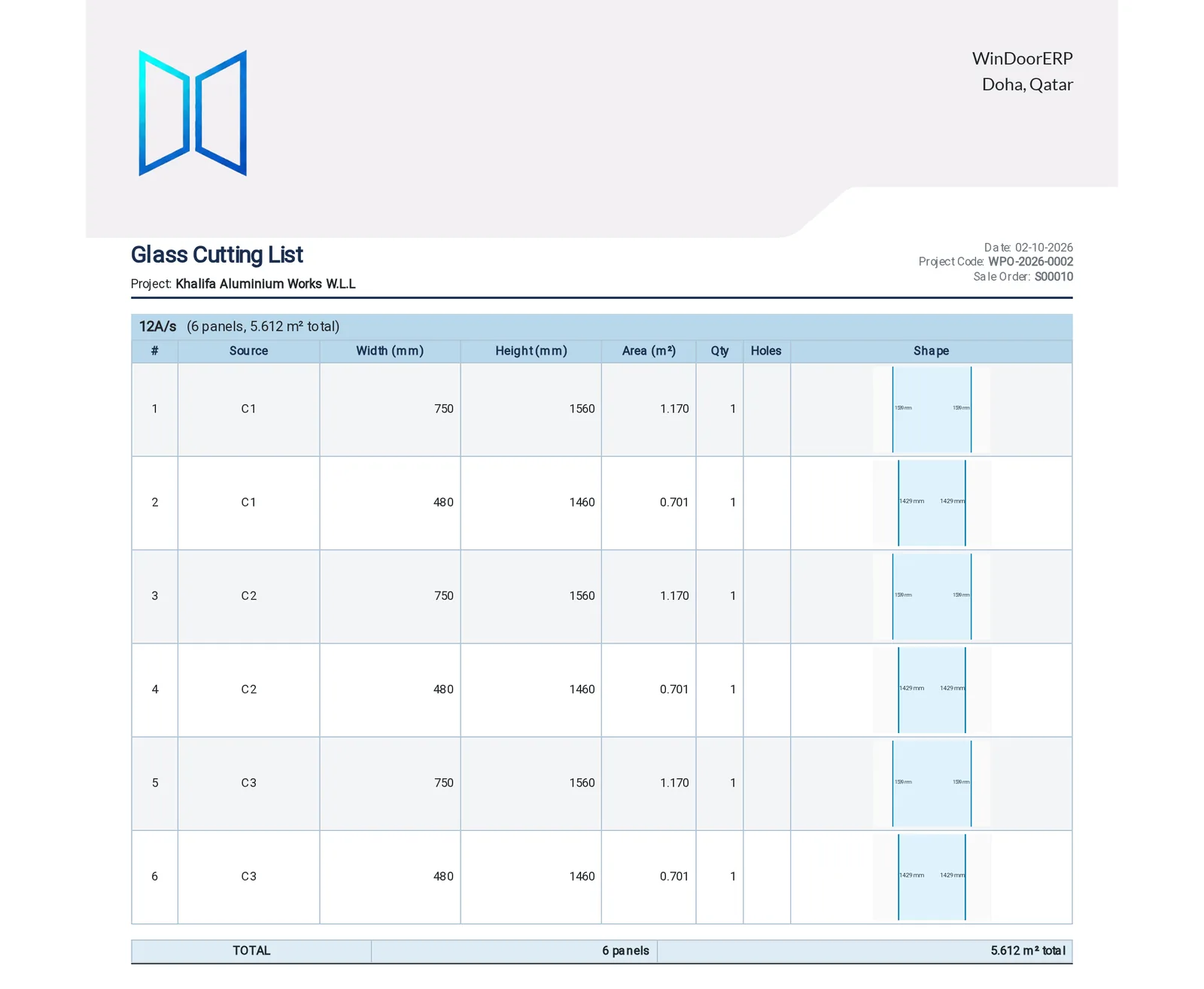 The glass cutting list the cutter works from