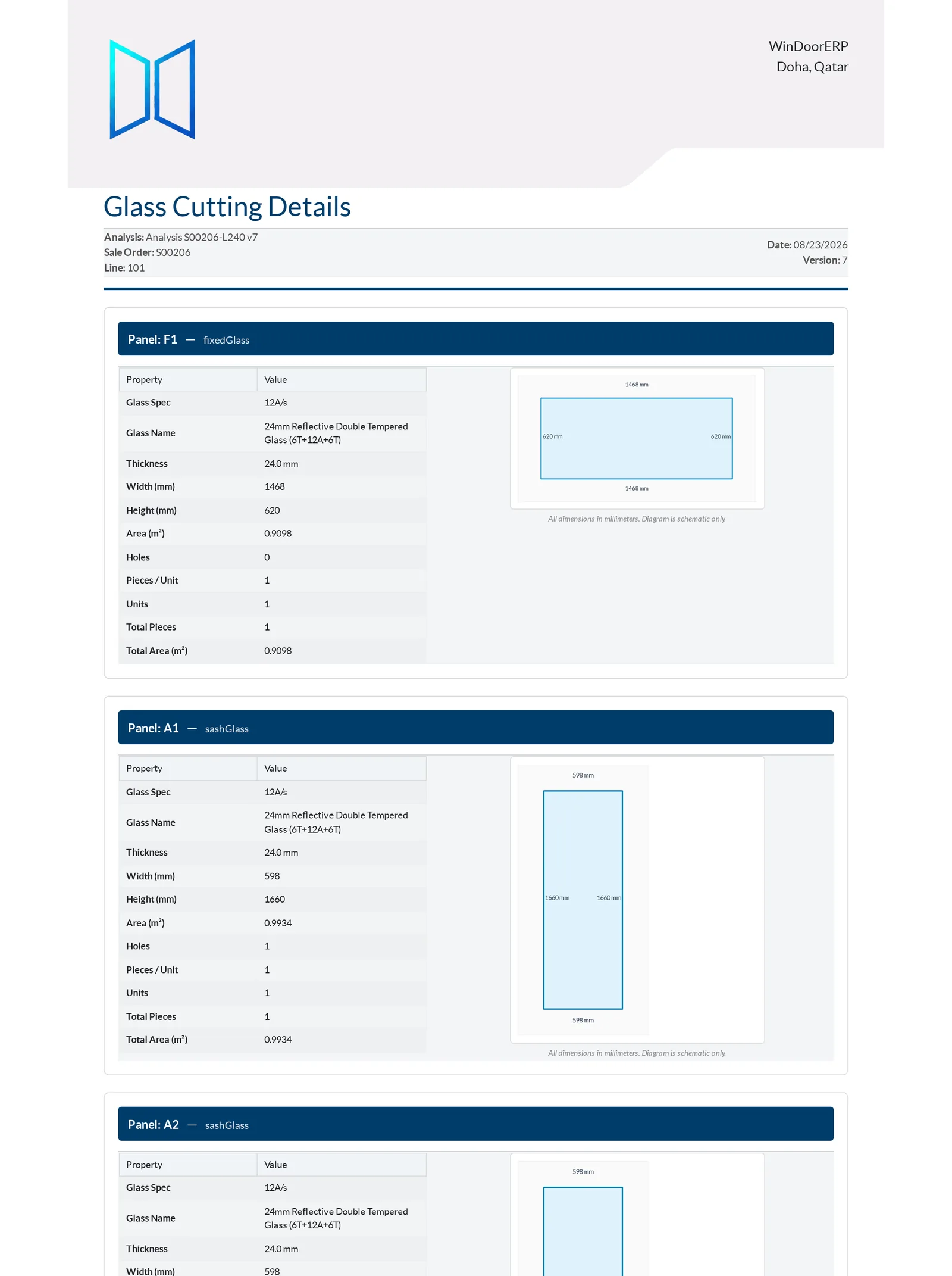 The glass schedule printed as its own document, a dimensioned sketch per pane
