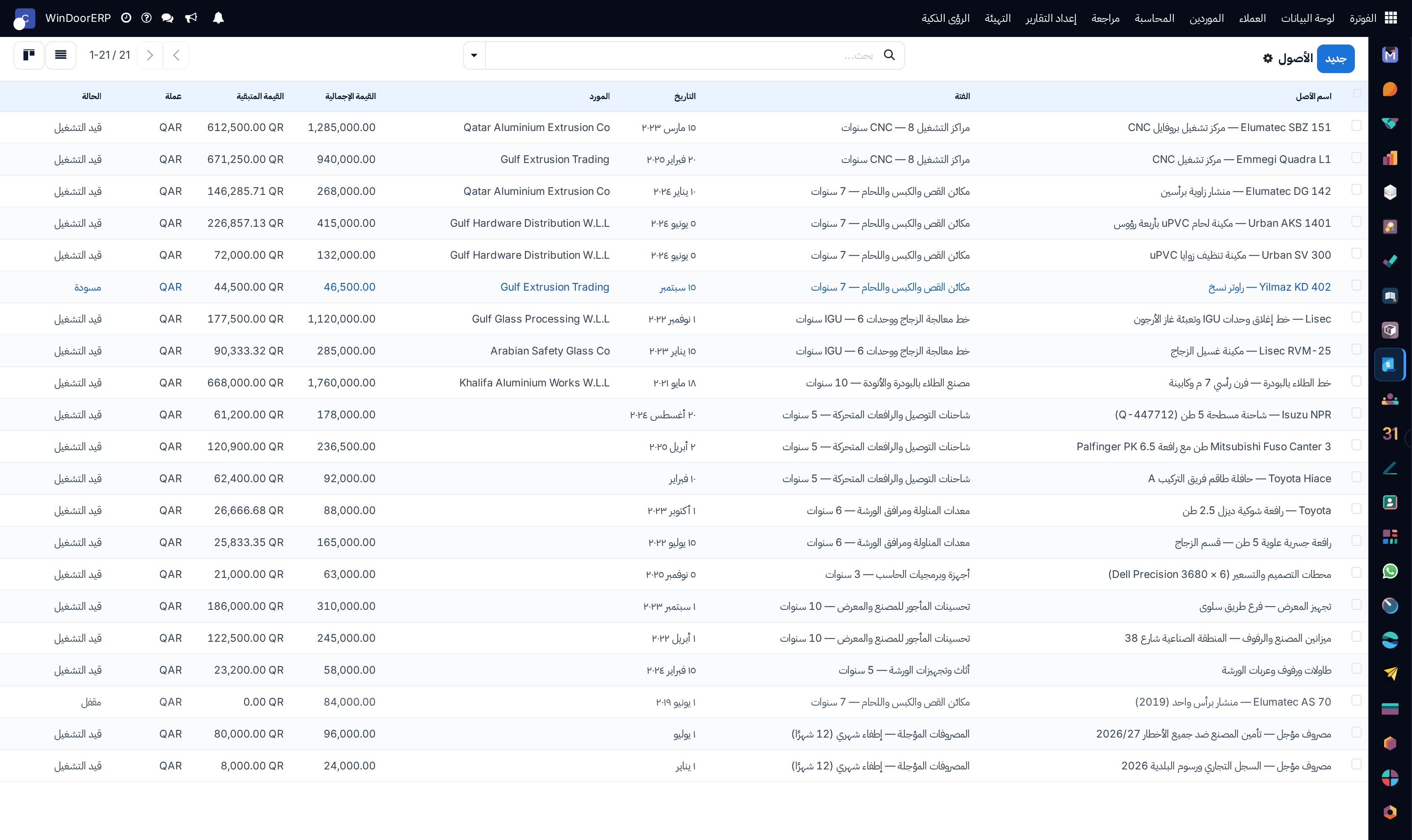 Fixed assets master registry list showing gross values, accumulated depreciation, and net book values