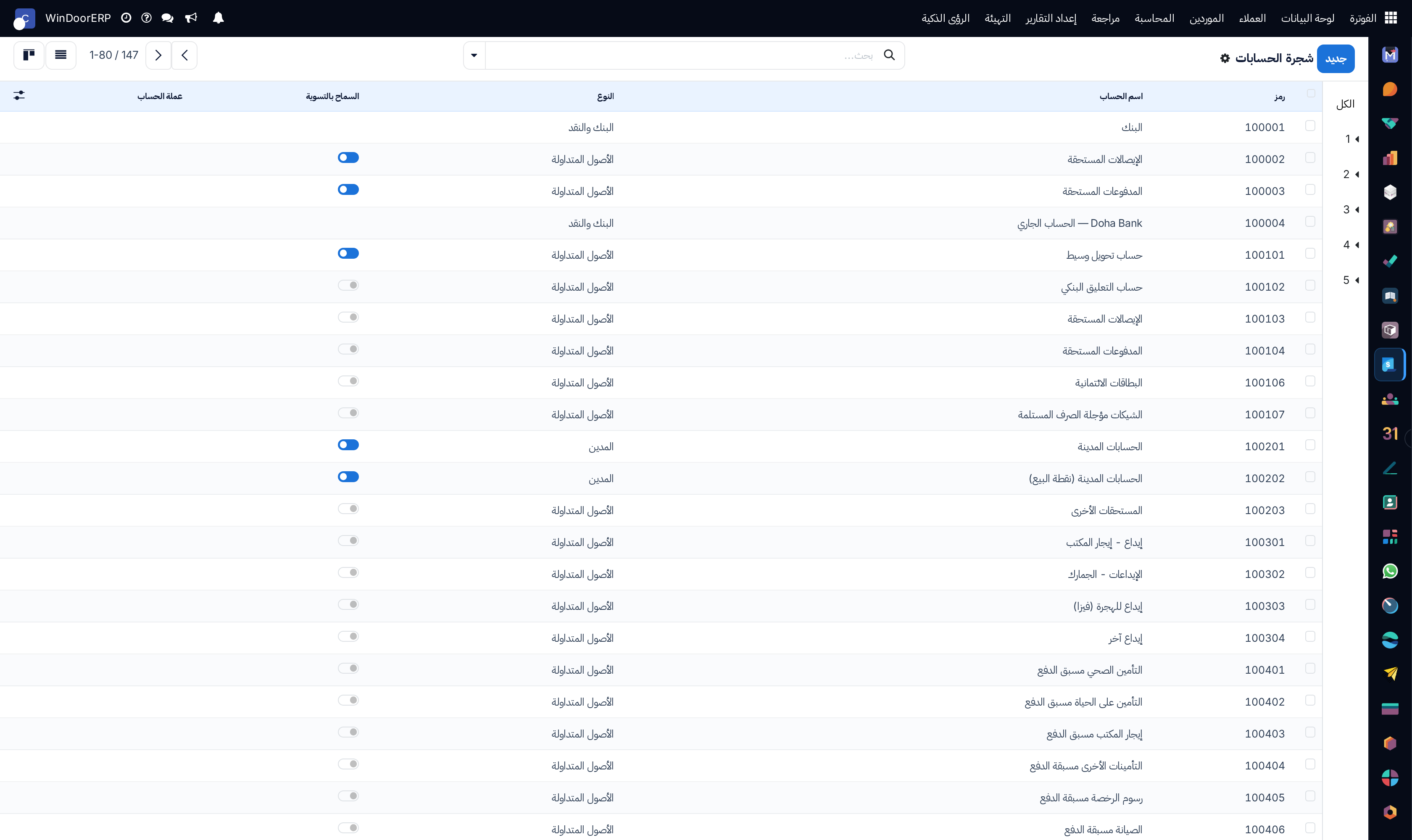 Chart of accounts comprehensive registry list with account codes and current balances