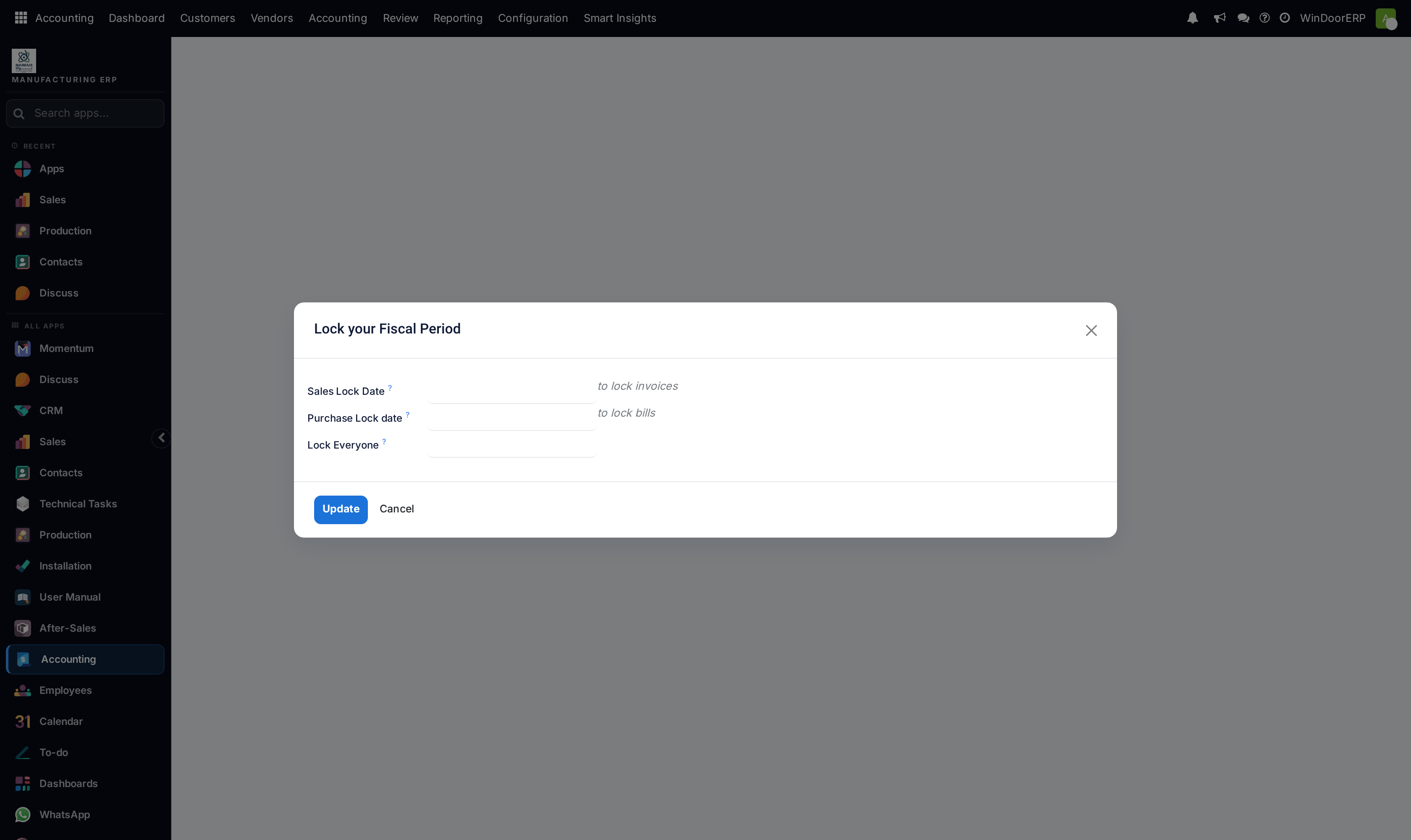 Accounting lock dates configuration editor for closing fiscal periods