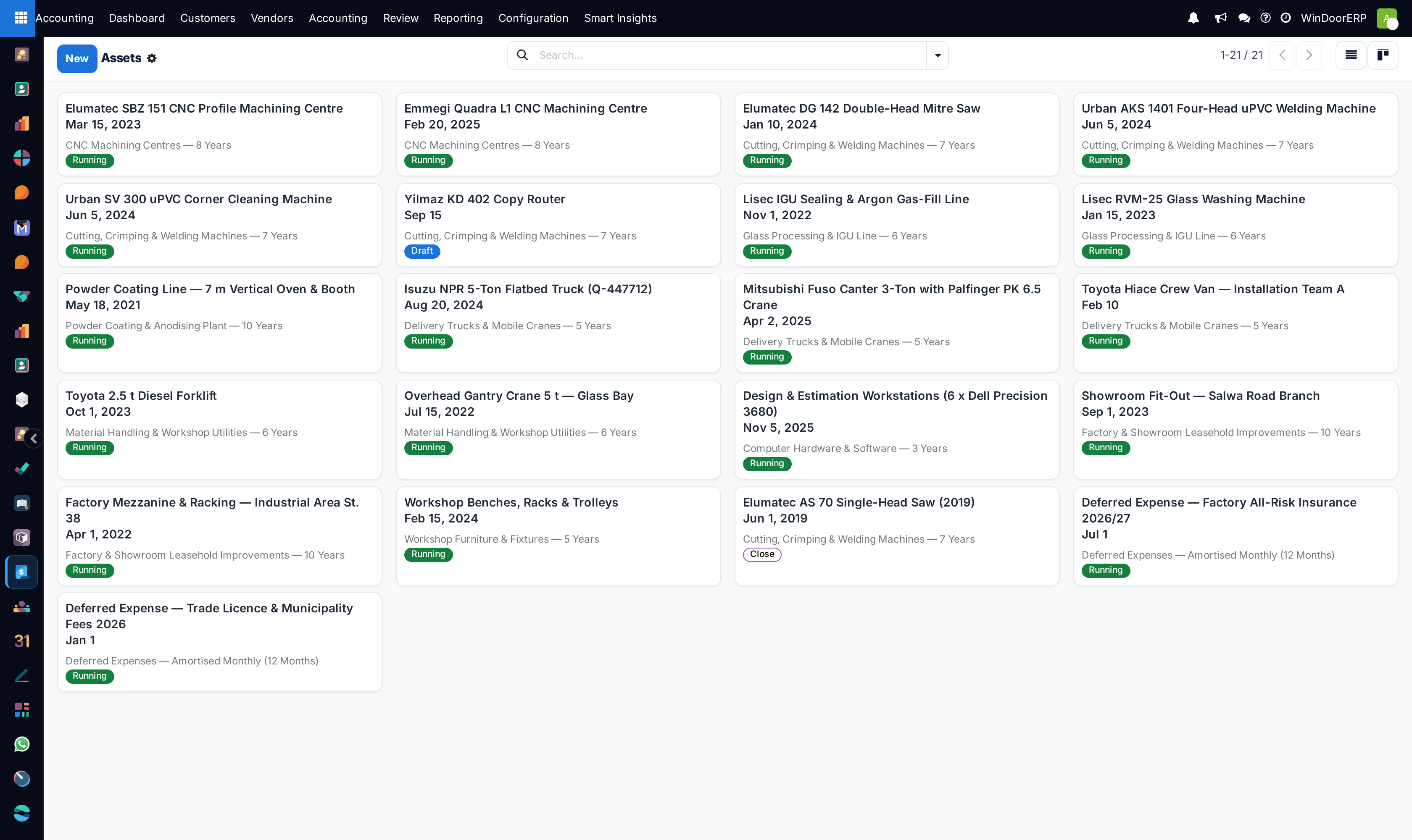 Fixed assets kanban board organized by factory equipment categories