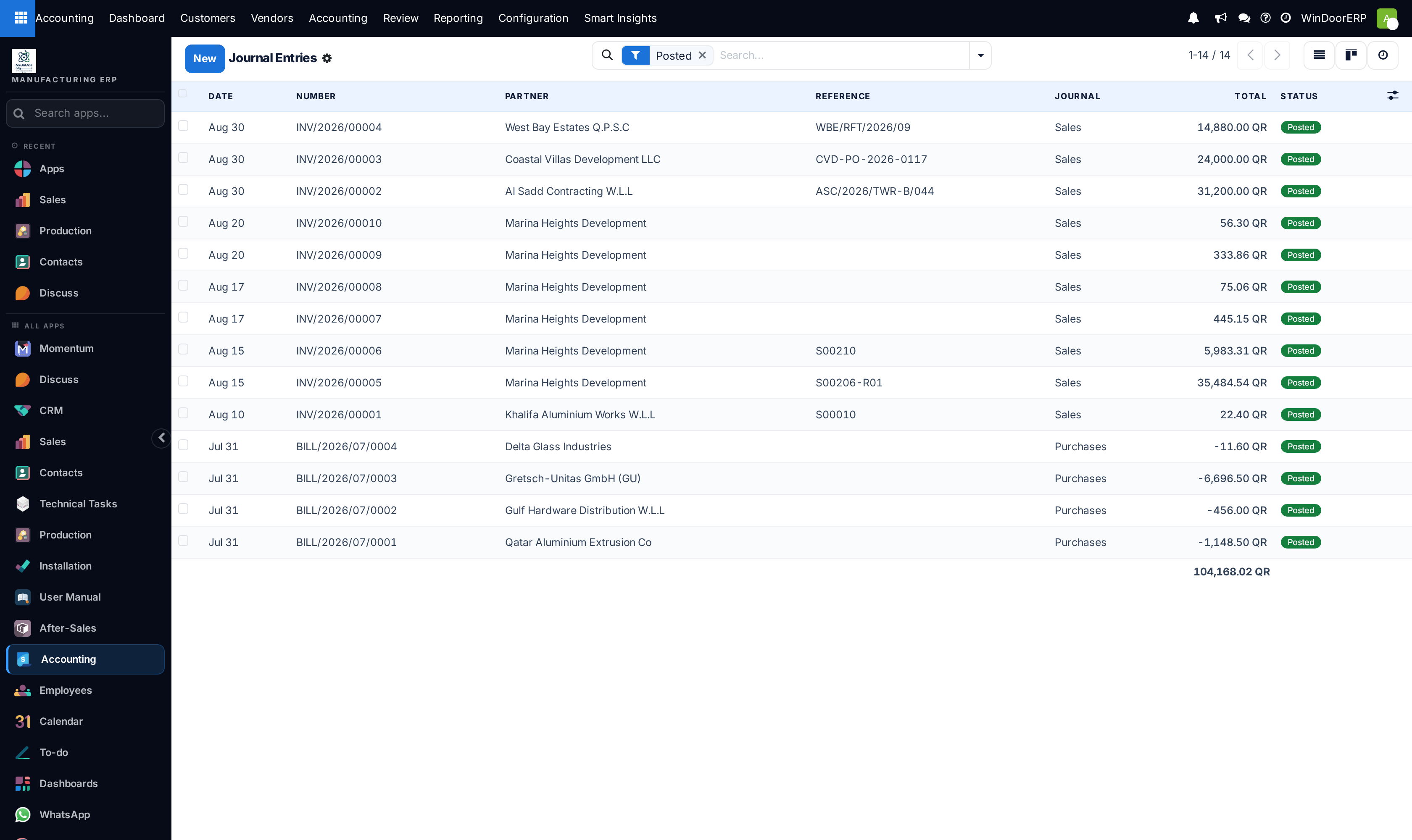 Journal entries master ledger list showing entry numbers, journals, and posted status