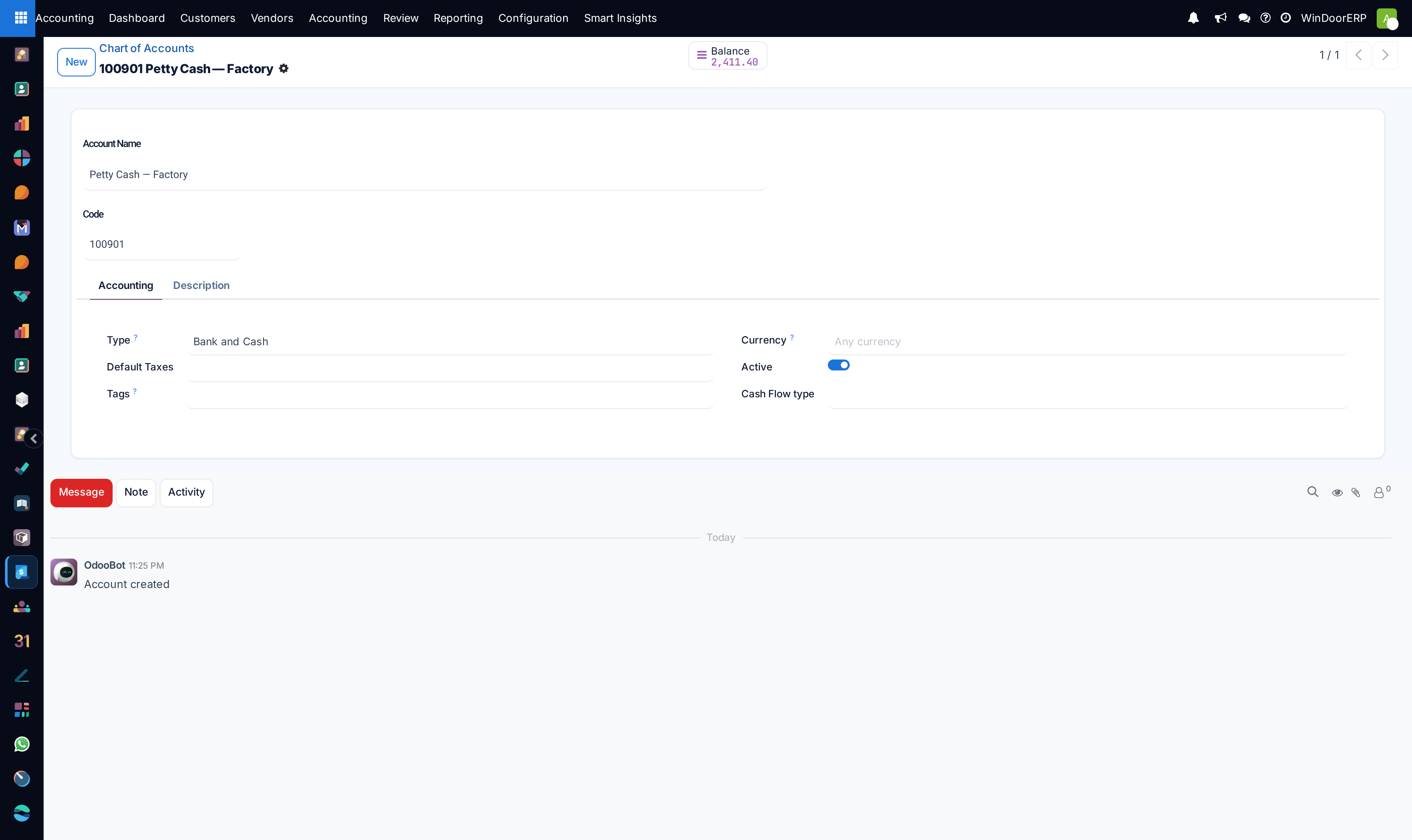 Account editor form with type selection, multi-currency settings, and reconciliation rules