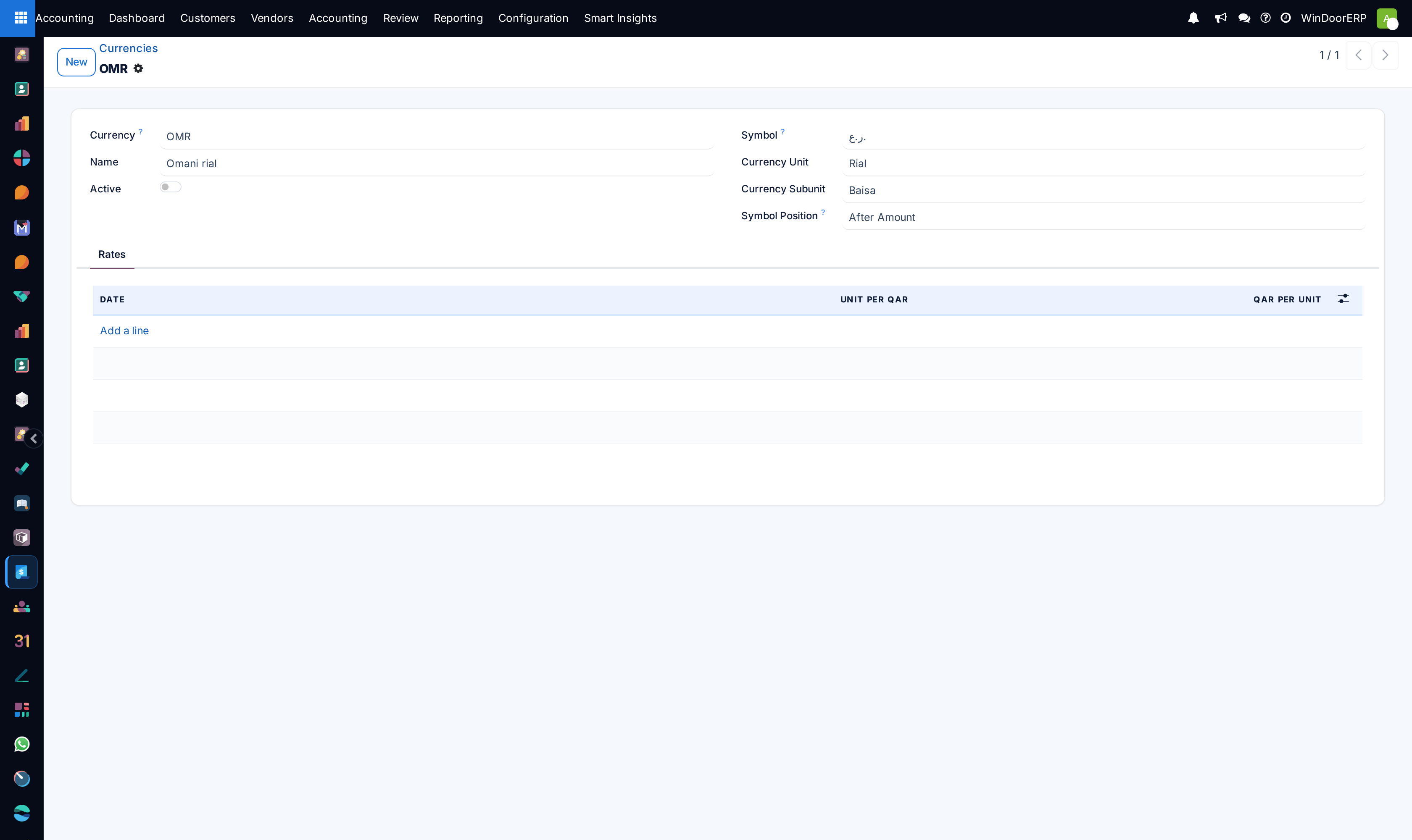 Currency configuration editor with rate precision and decimal format