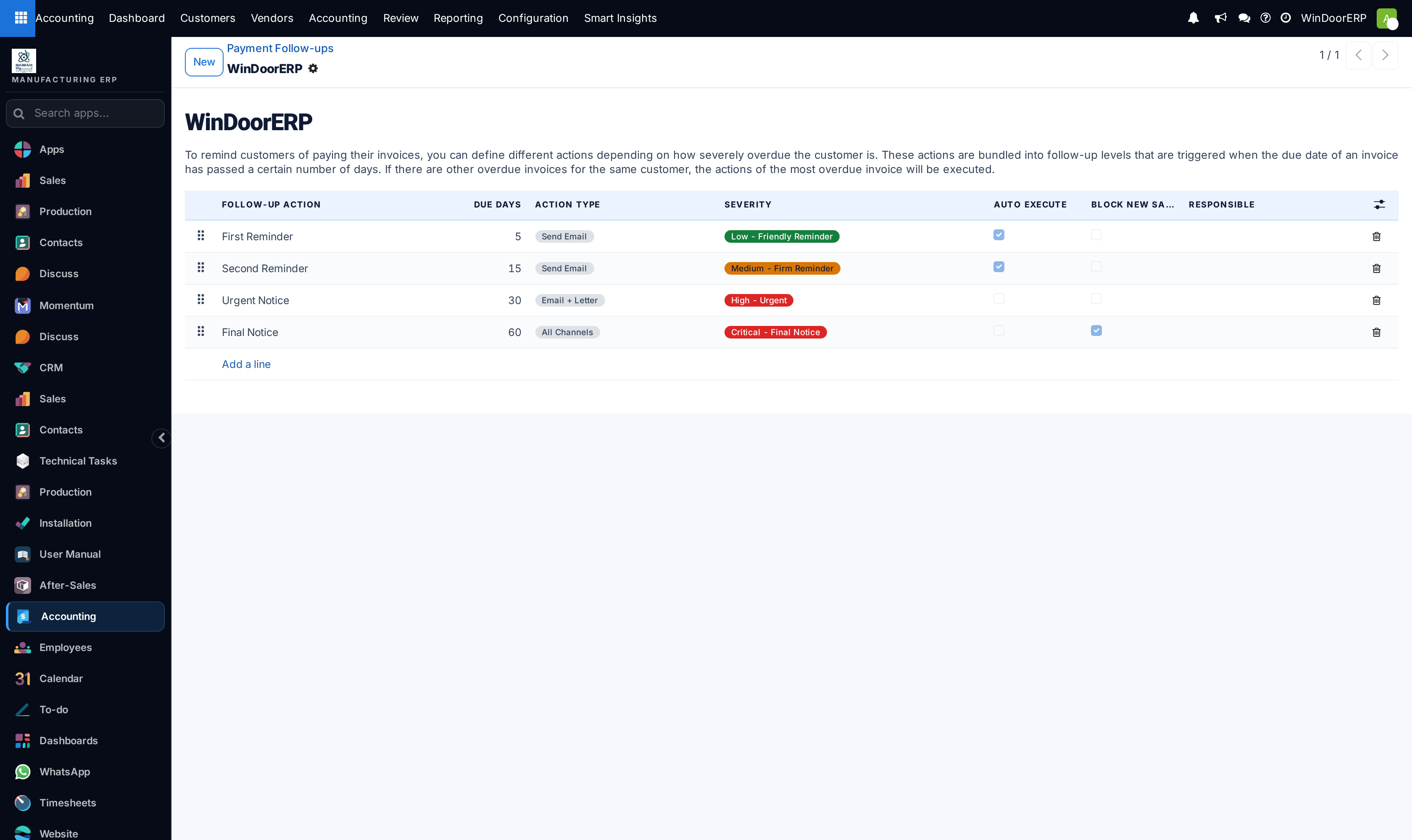 Follow-up level configuration form with message templates and grace period days