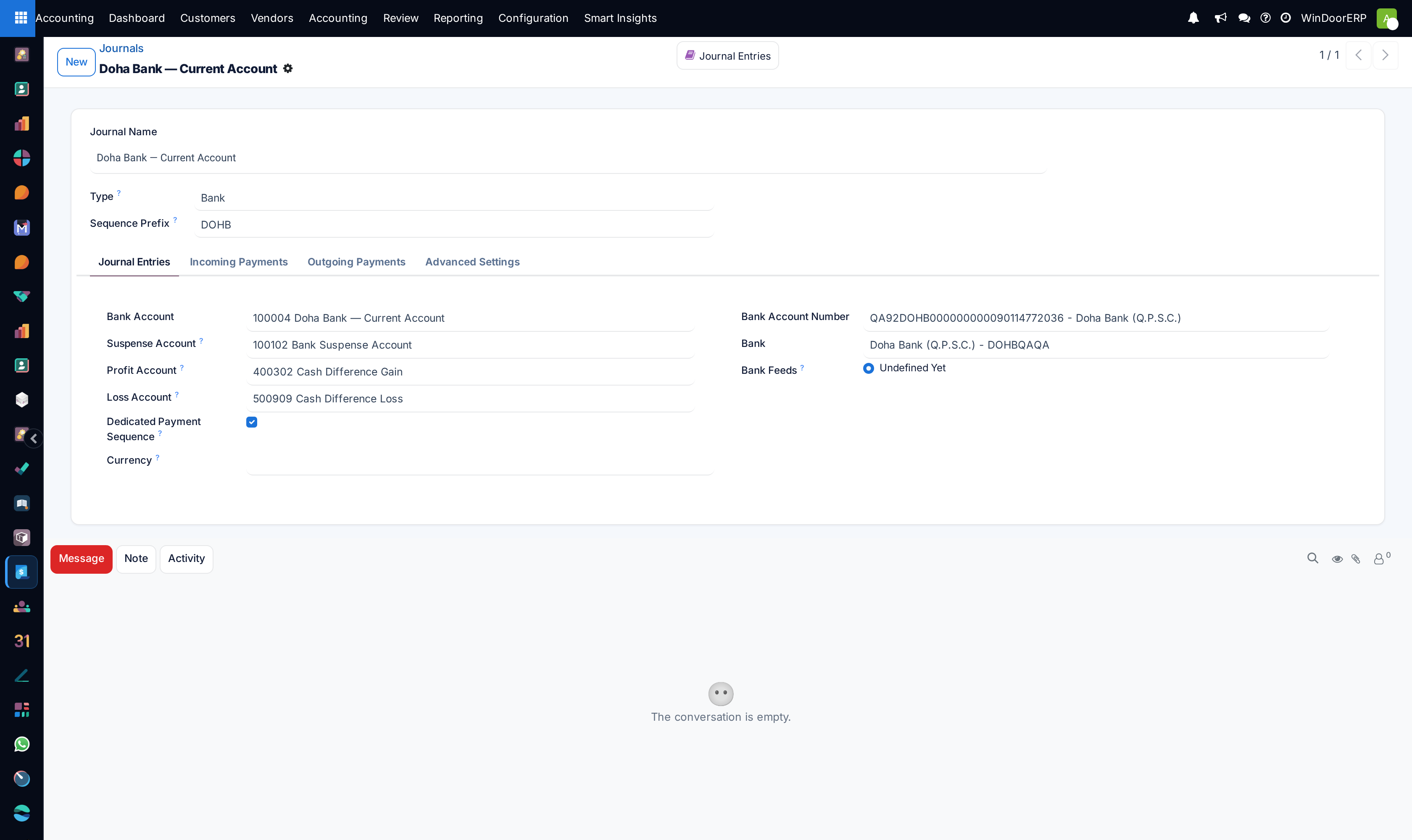 Journal configuration form with default accounts and short codes