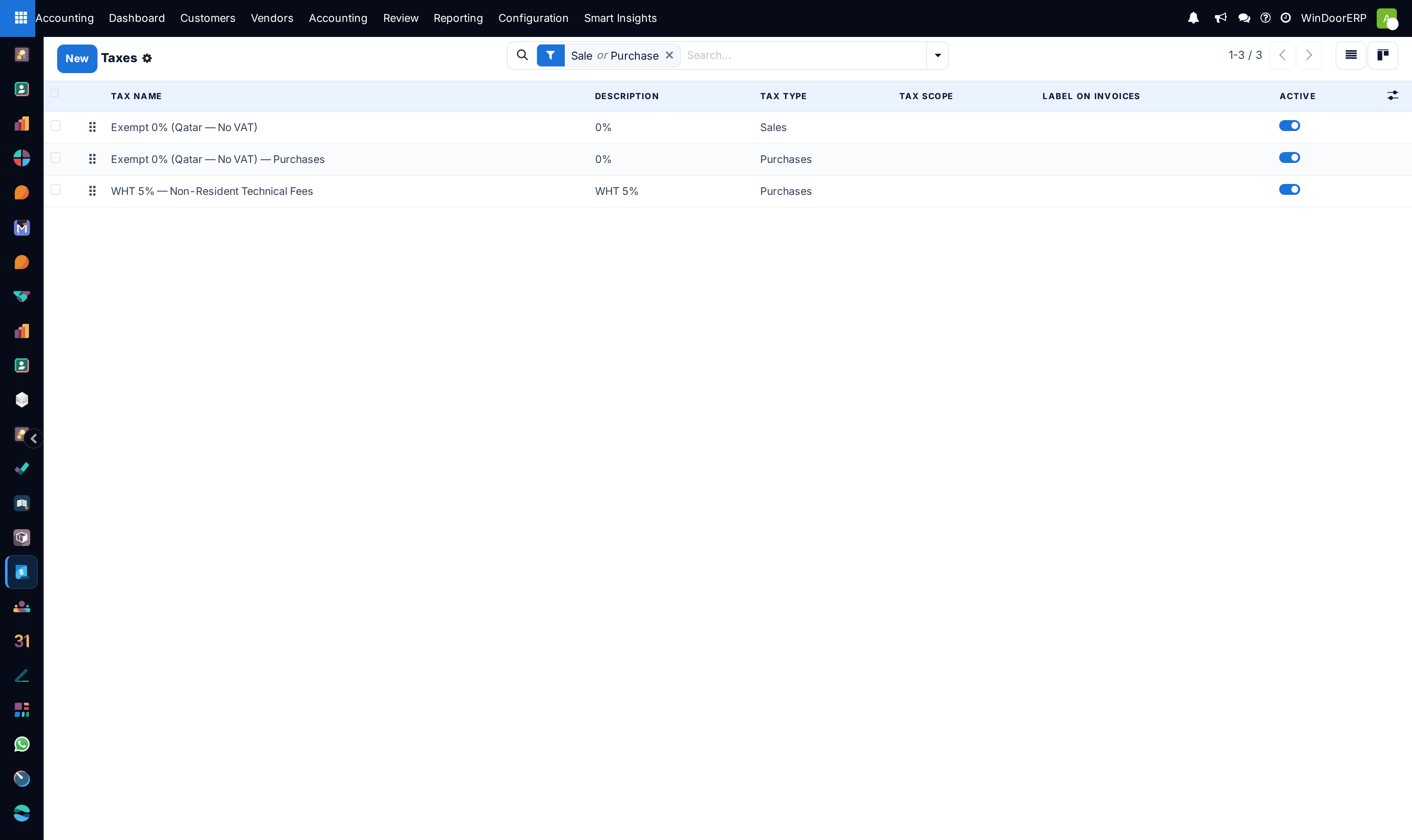 Taxes configuration registry list showing VAT rates and tax account bindings