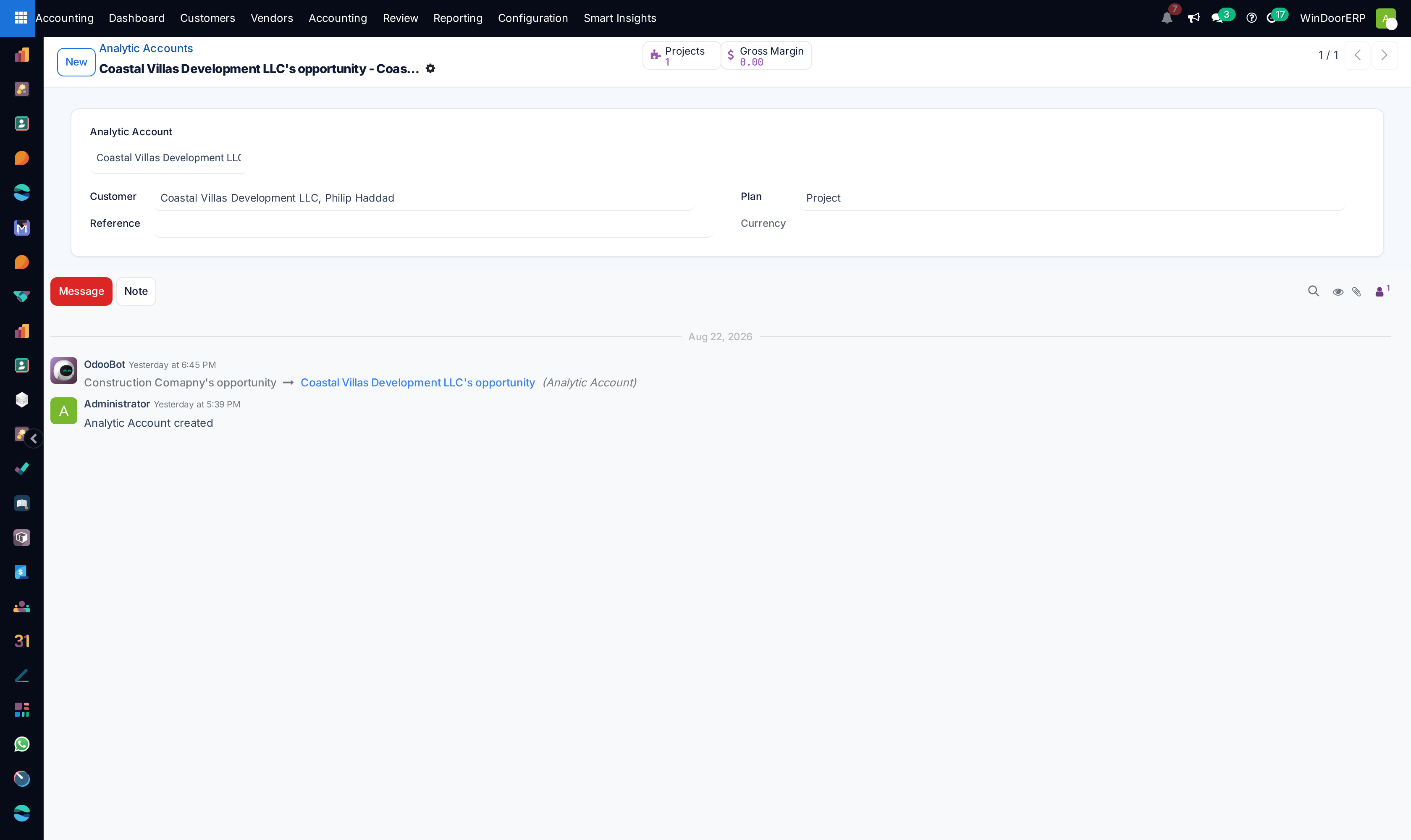 Analytic account detail profile with customer and project bindings