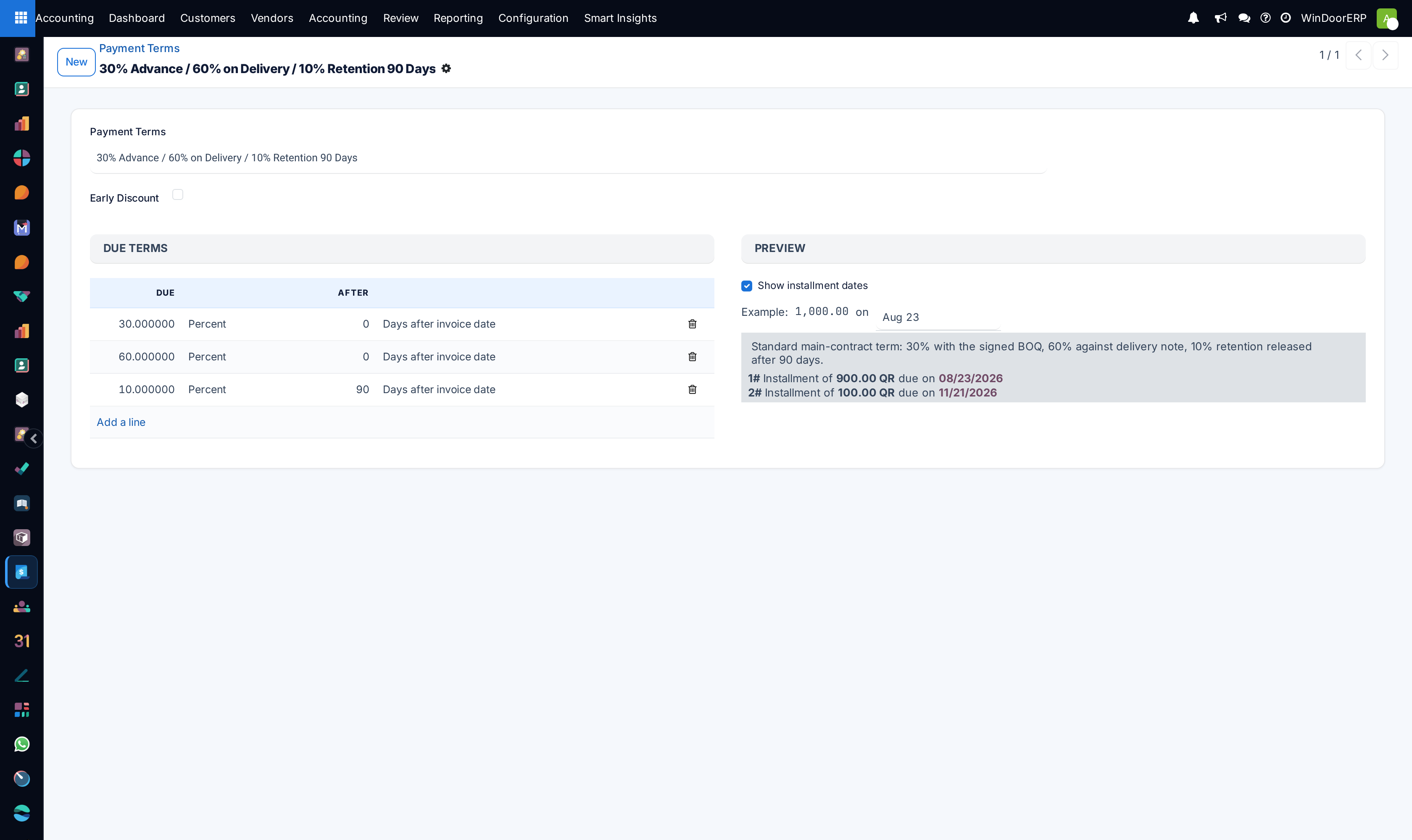 Payment term configuration editor defining milestone line splits and grace days