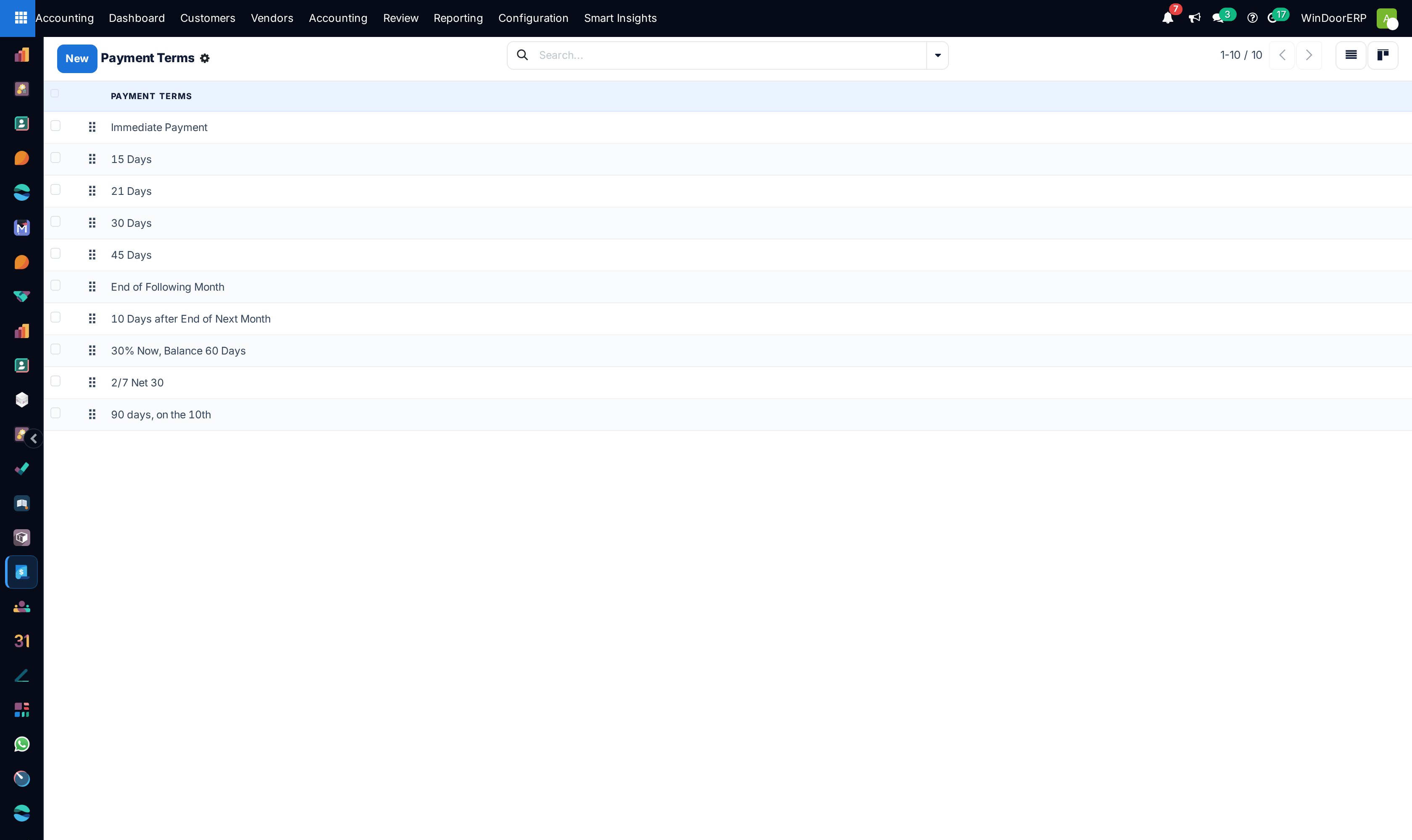 Payment terms catalog list
