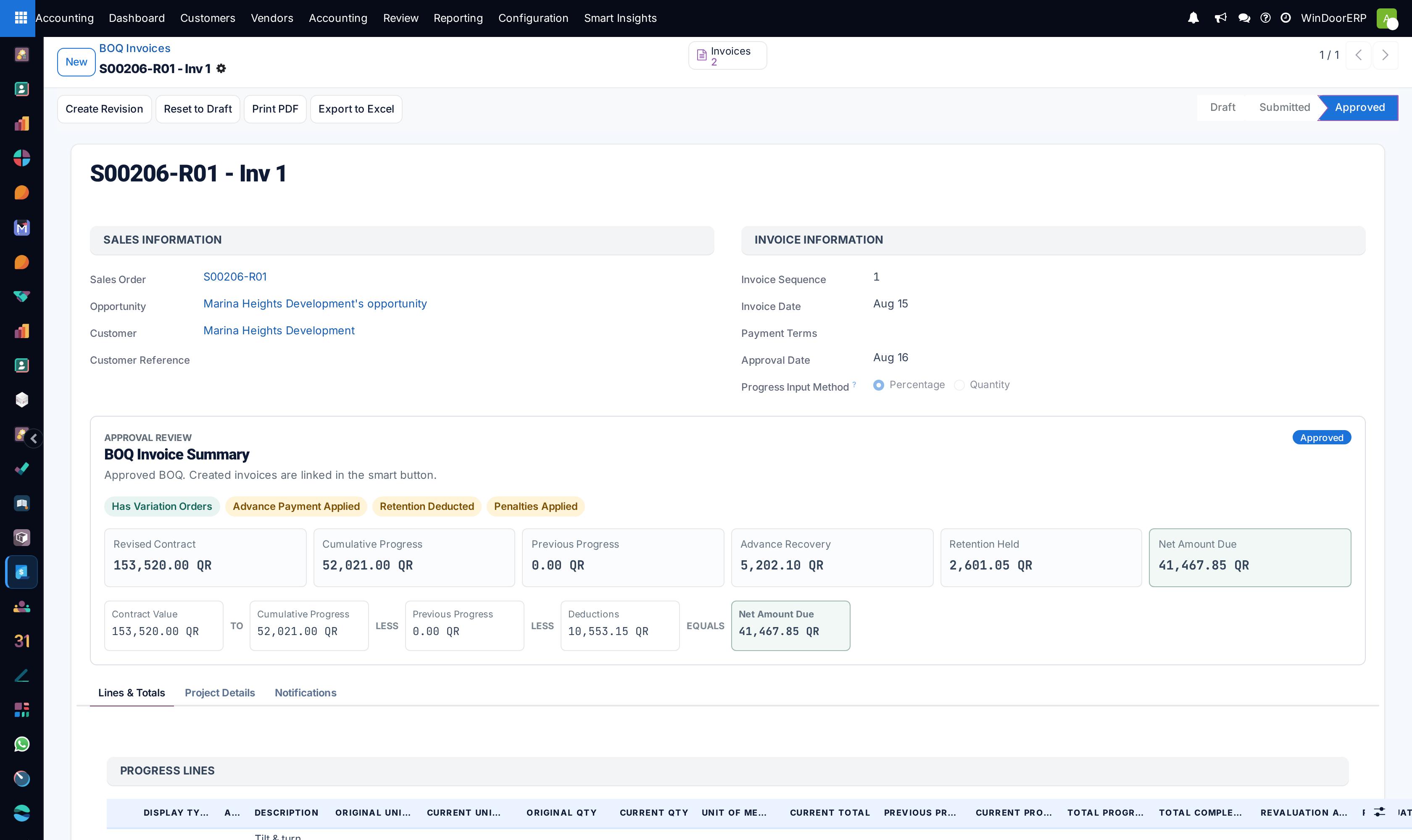 BOQ invoice progress certificate editor displaying opening completion percentages