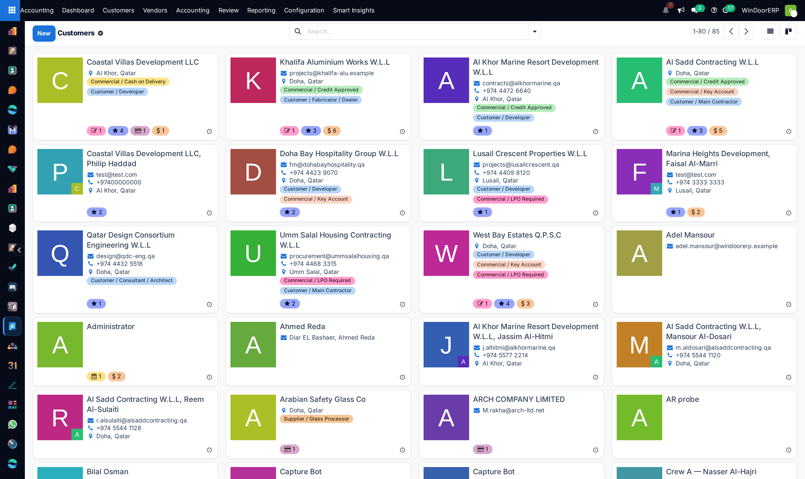Customers kanban cards with live balance badges and contact tags