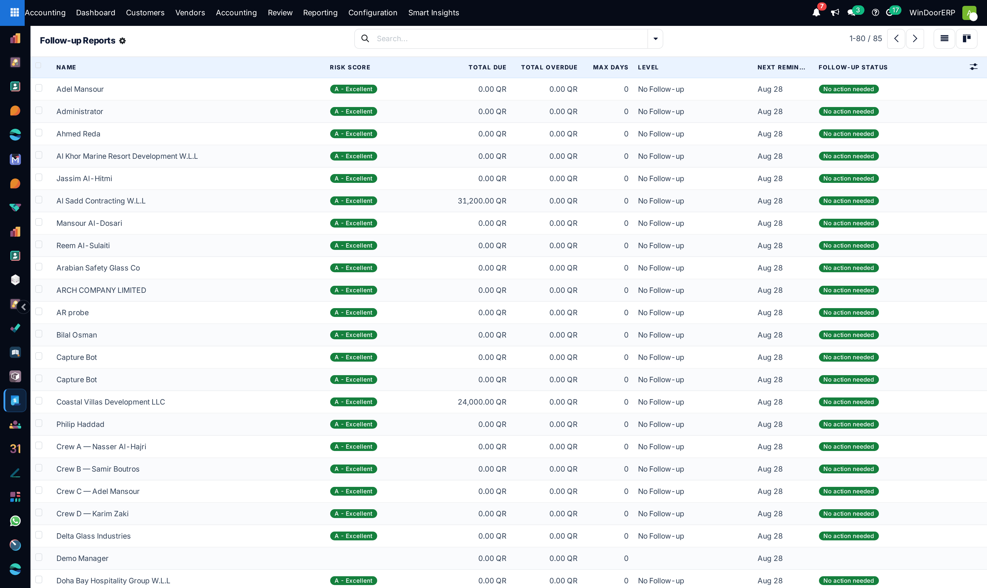 Customer follow-up reports list showing total overdue balances and next action dates