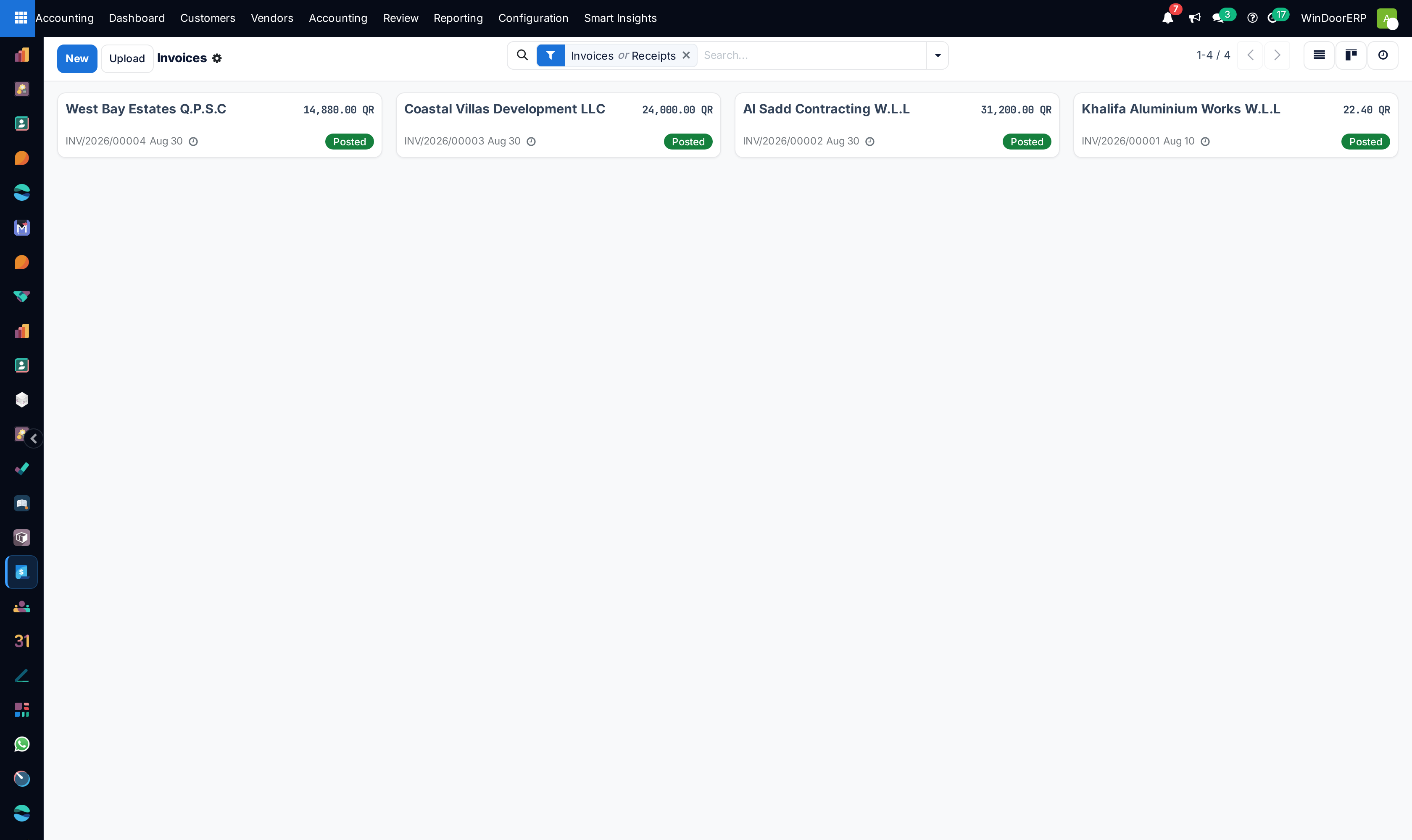 Customer invoices kanban board categorized by draft, posted, and paid states