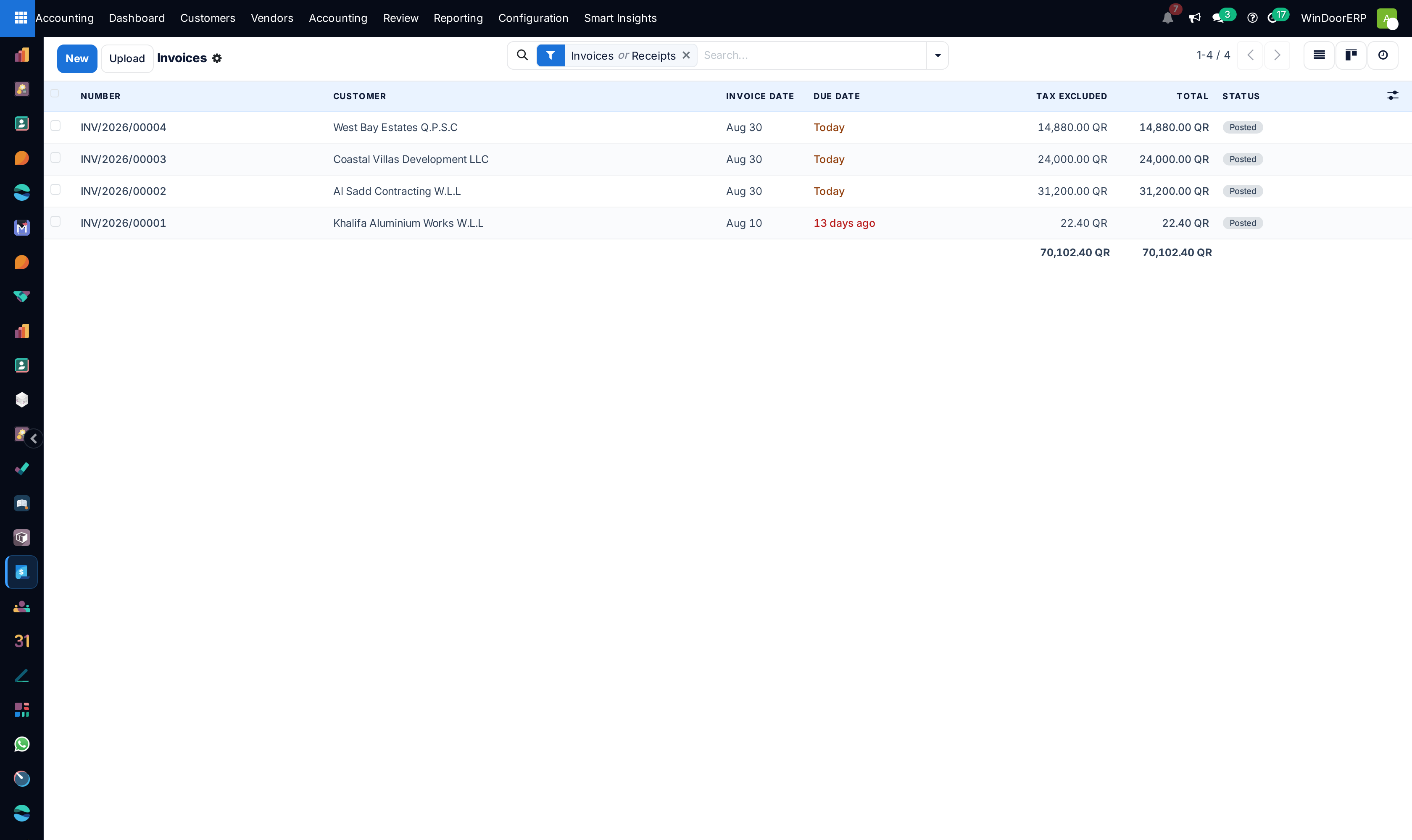 Customer tax invoices list showing invoice numbers, dates, customer names, and payment states