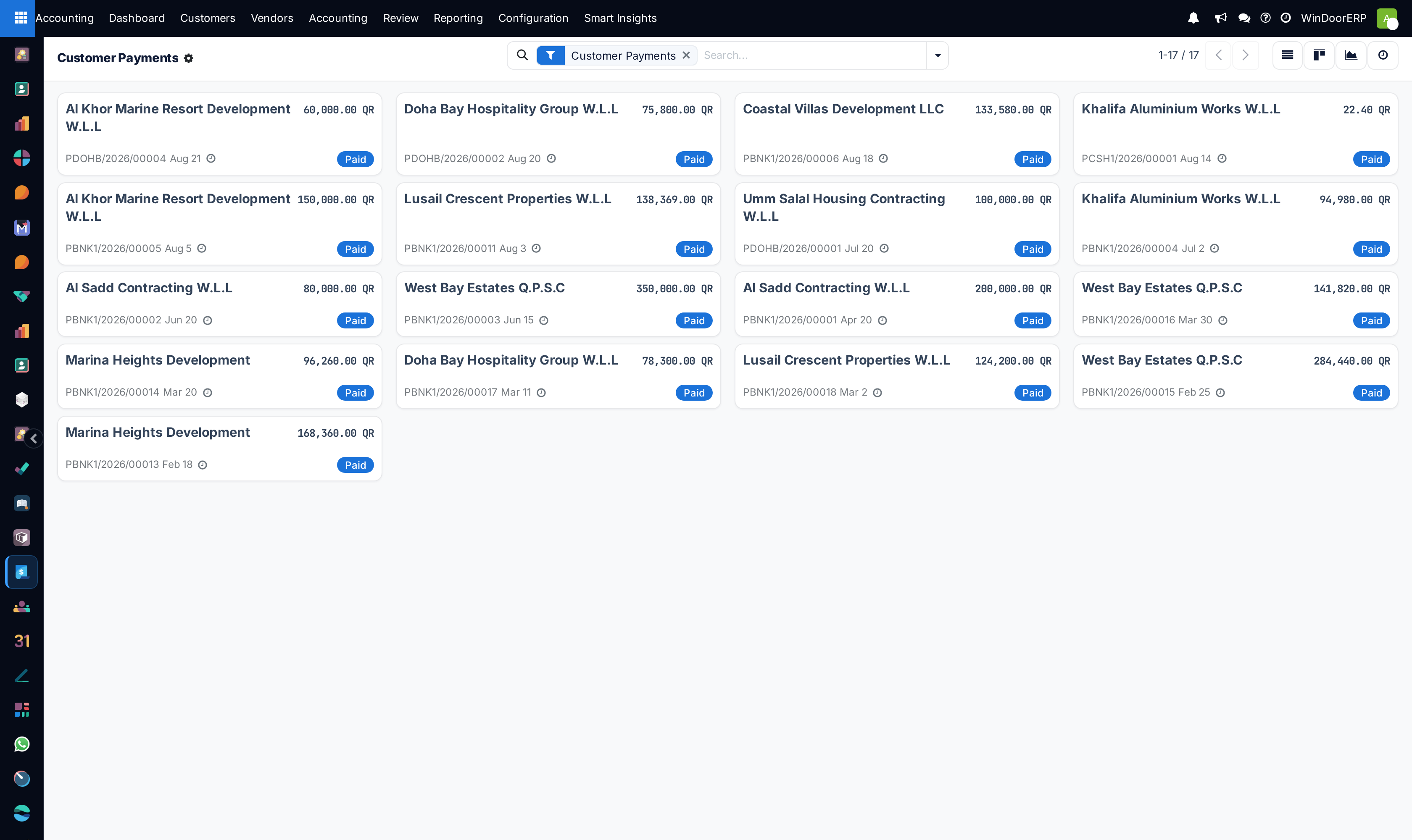 Customer payments kanban board organized by collection status