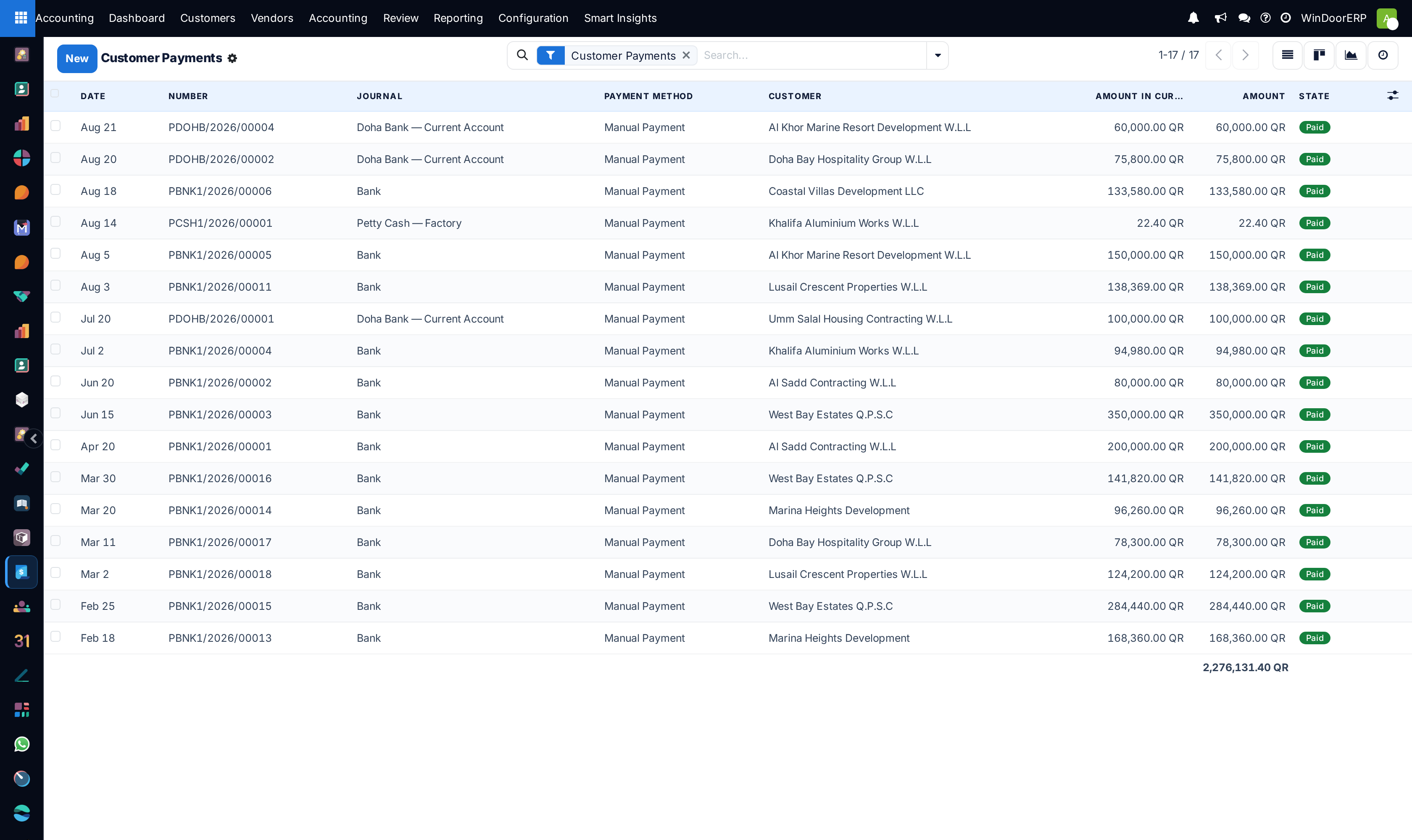 Customer payments master list displaying payment methods, dates, and matched amounts