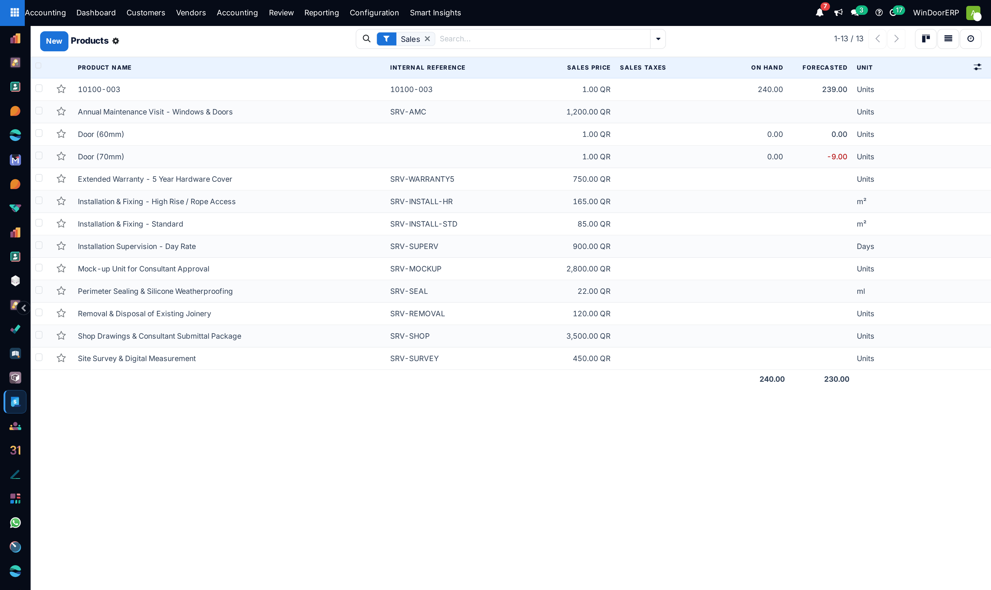 Invoiced products and architectural system catalog list