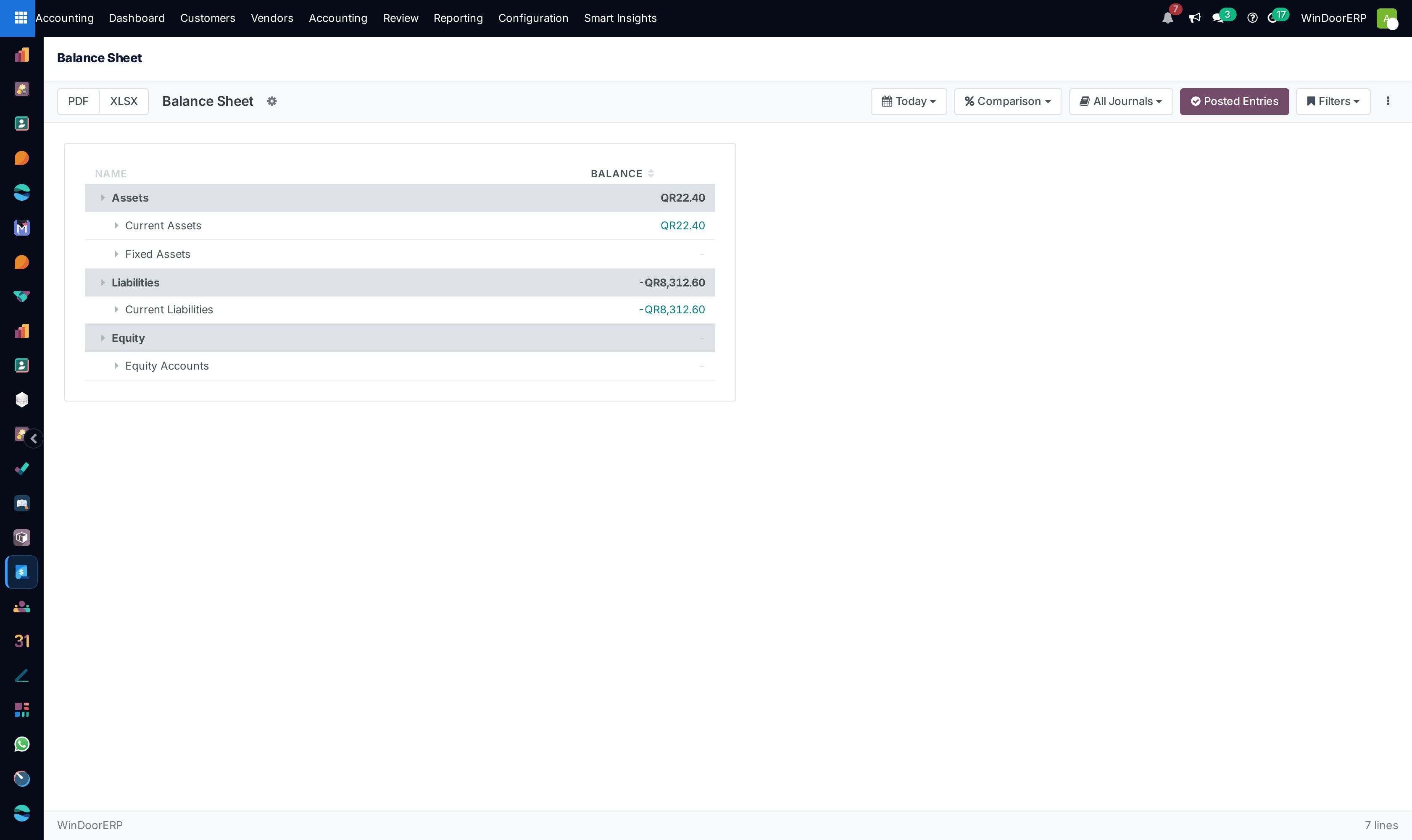 Balance sheet financial statement interactive screen showing assets and equity