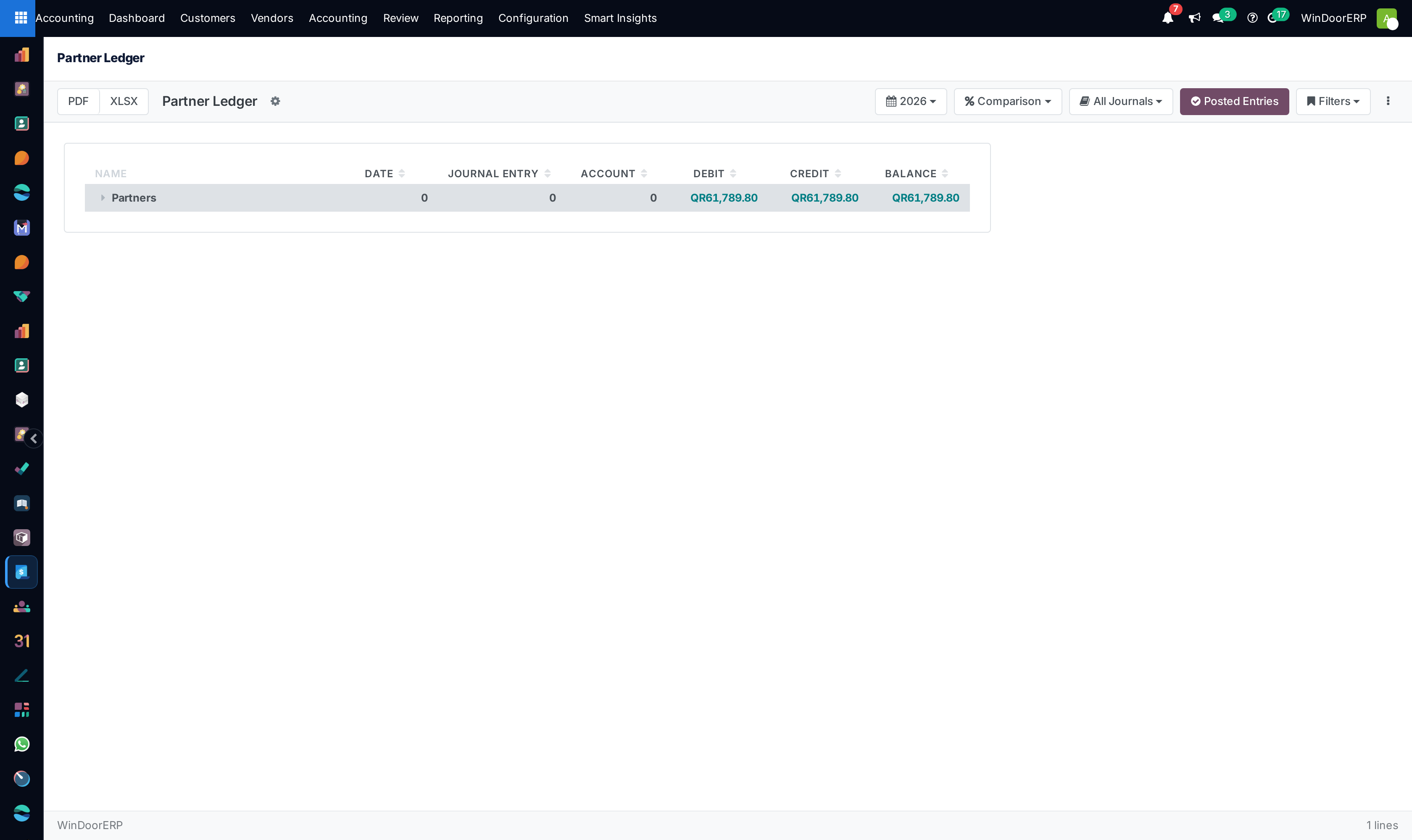 Partner subsidiary ledger detail screen with transaction drill-down