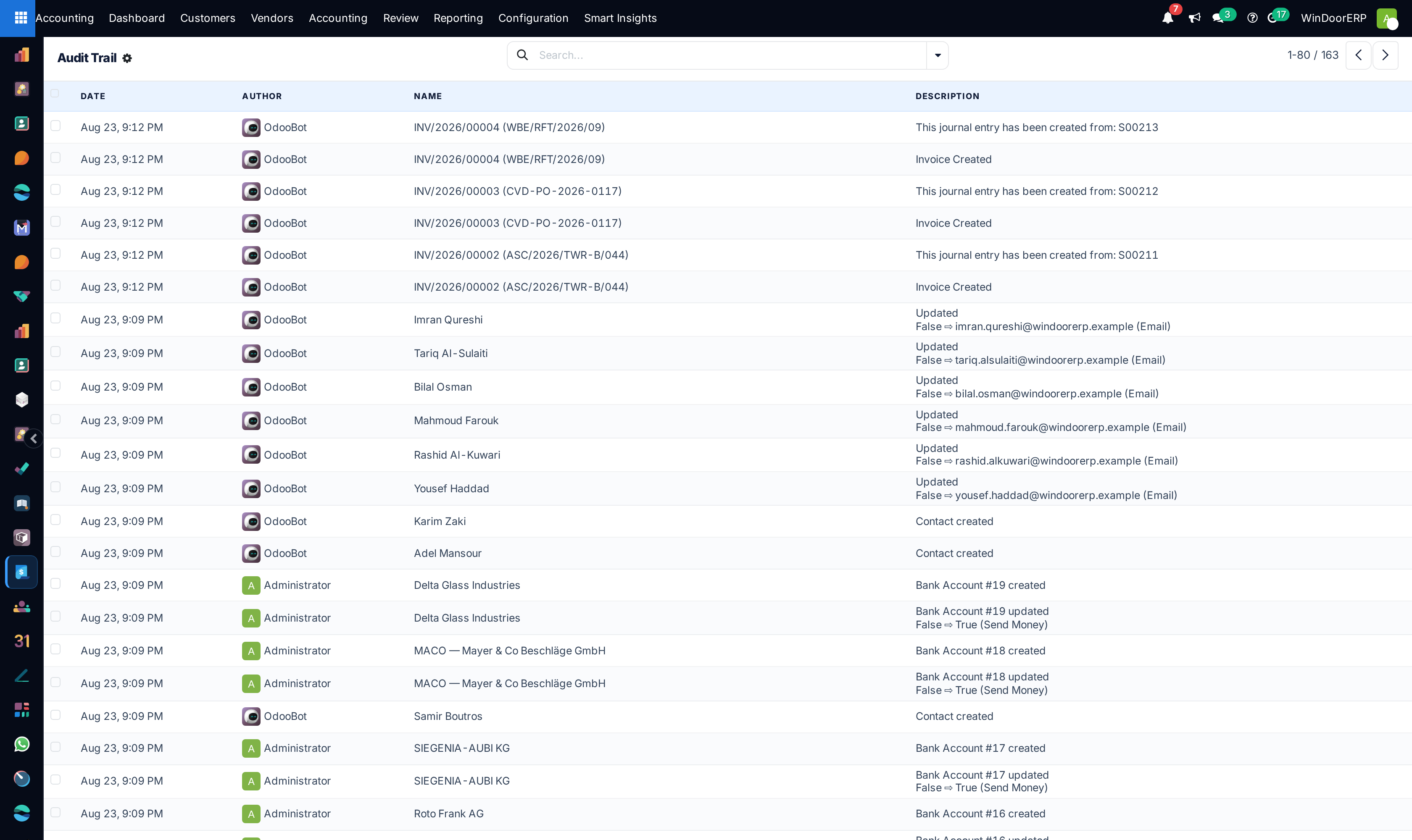 Financial audit trail log tracking all user modifications with timestamps