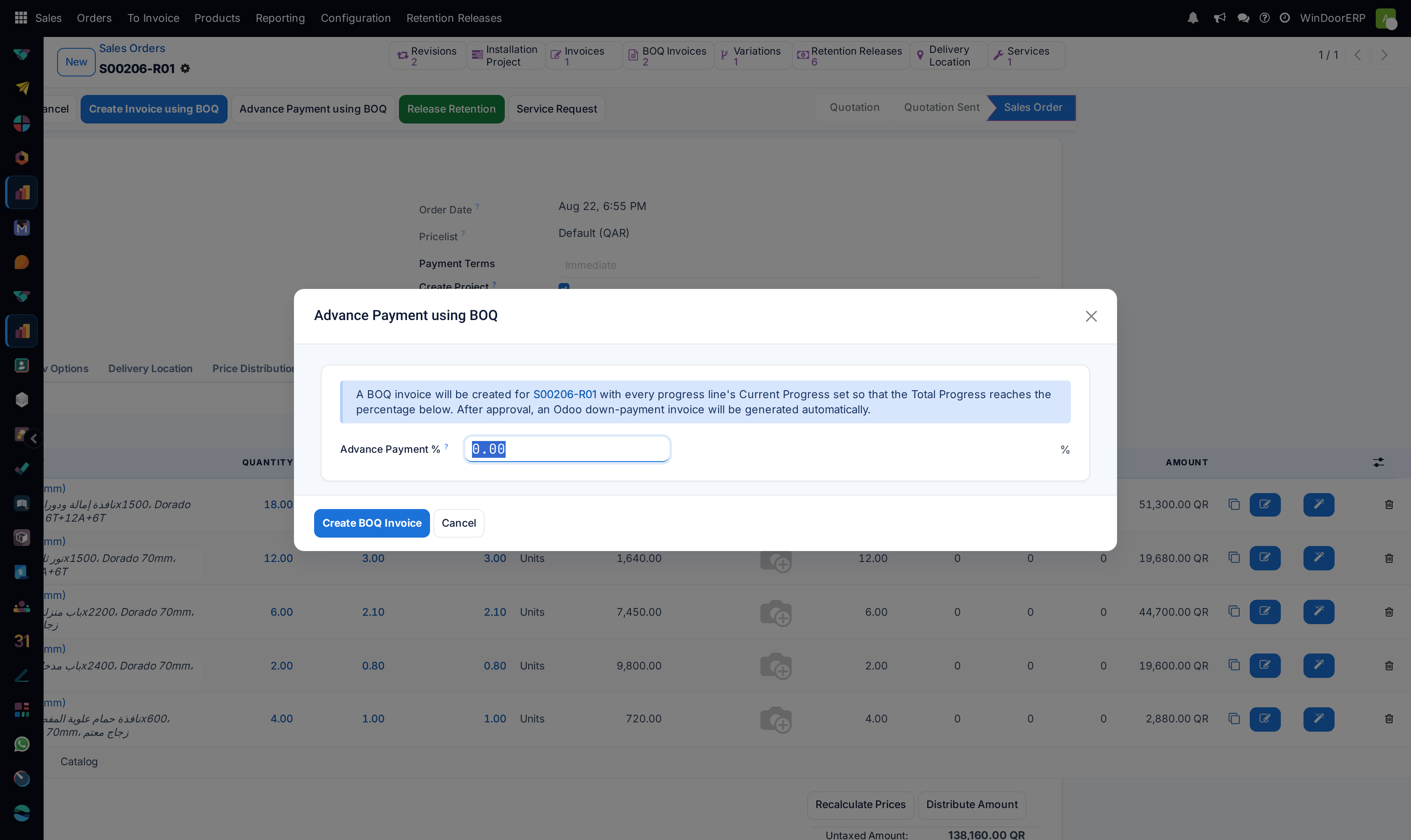 The Advance Payment using BOQ dialog: the advance percentage, an explanation of what will be created, and the Create BOQ Invoice button