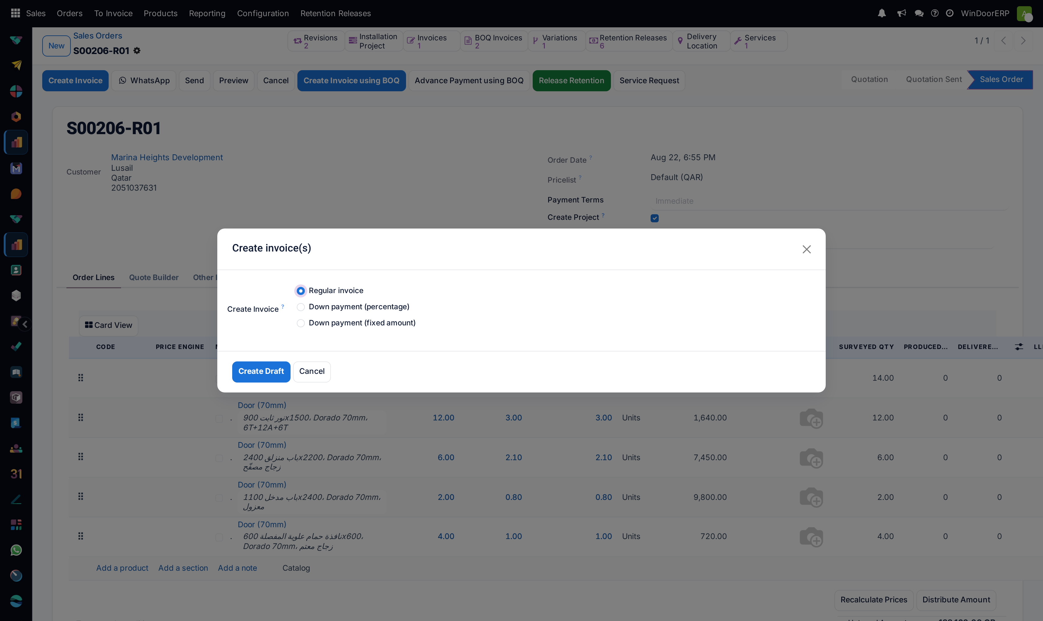 The Create invoice(s) dialog on a sales order: Regular invoice or a down payment by percentage or fixed amount, with the Create Draft button