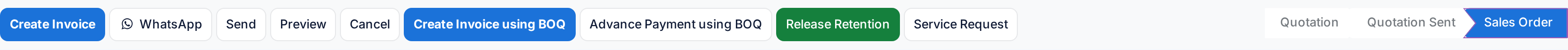 A confirmed sales order's header: Create Invoice for the standard route beside Create Invoice using BOQ, Advance Payment using BOQ and Release Retention for the contract route