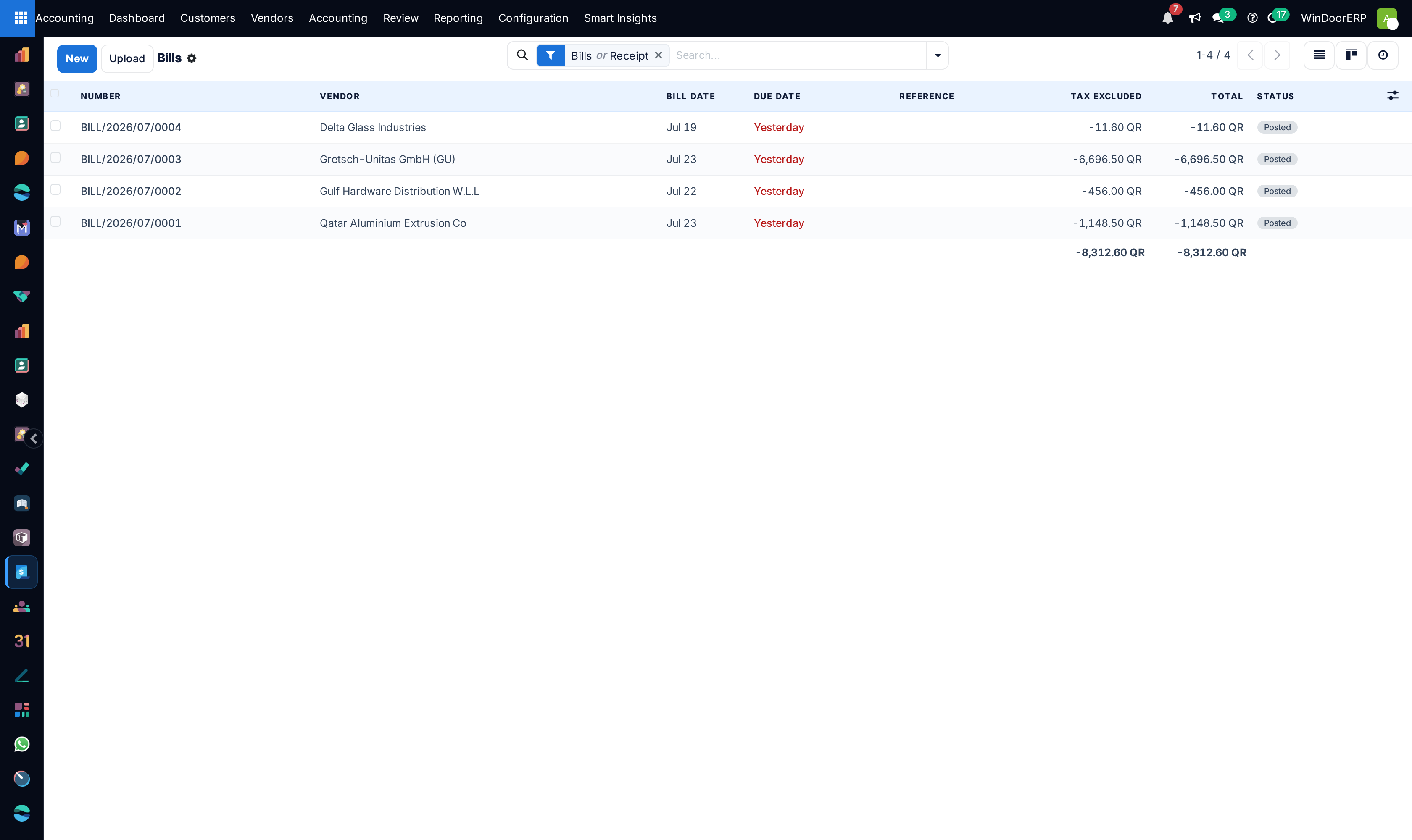 Vendor bills list showing bill numbers, supplier names, due dates, and payment states