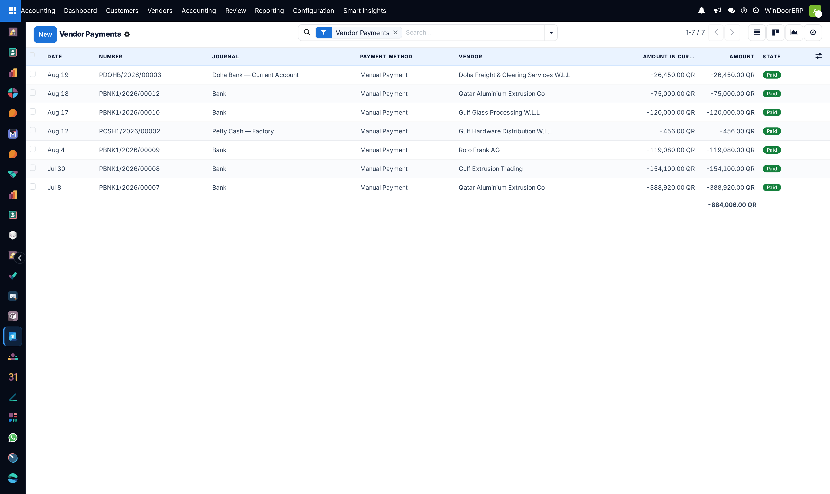 Vendor payments list showing disbursements, bank journals, and payment references