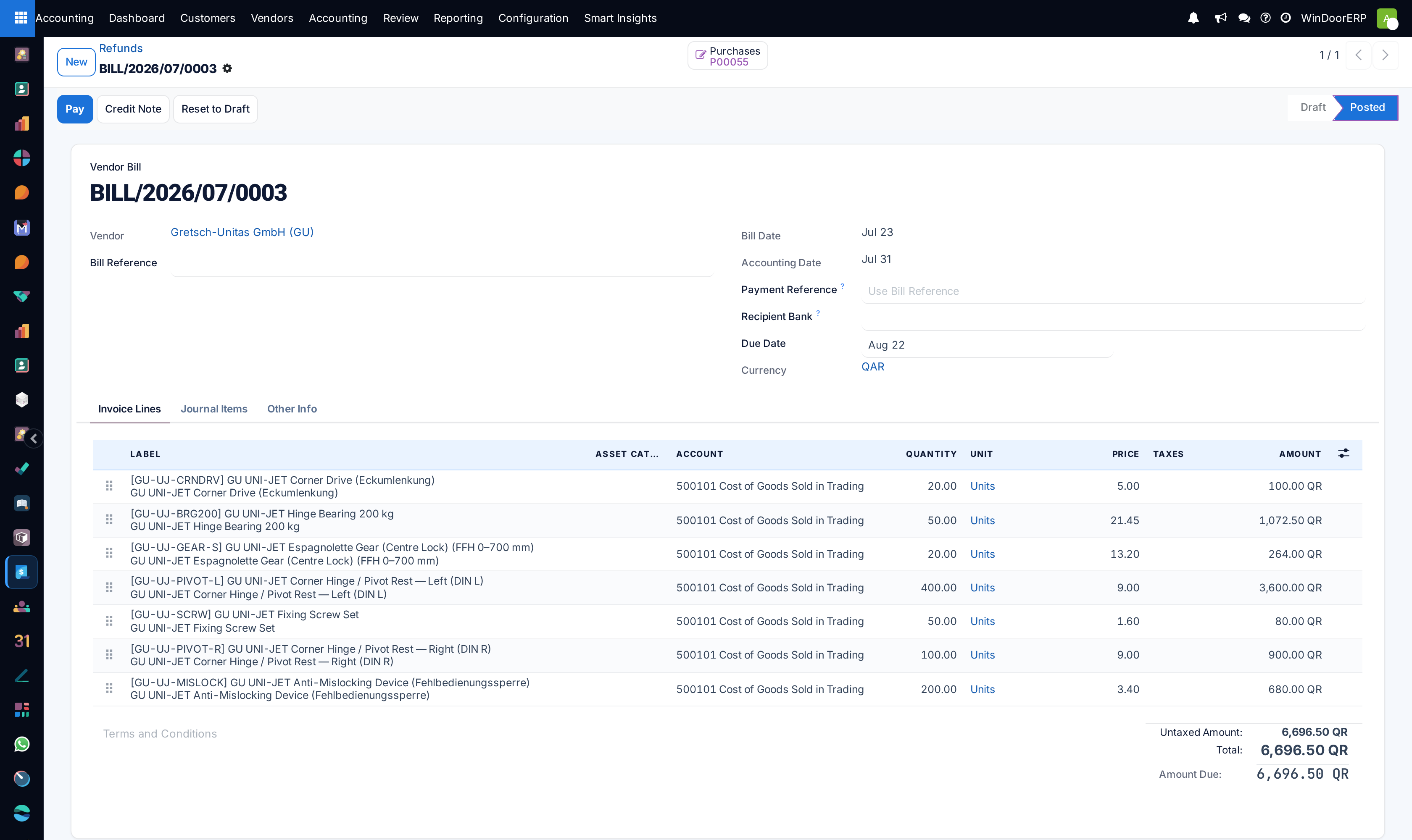 Vendor refund detail form showing returned item deductions