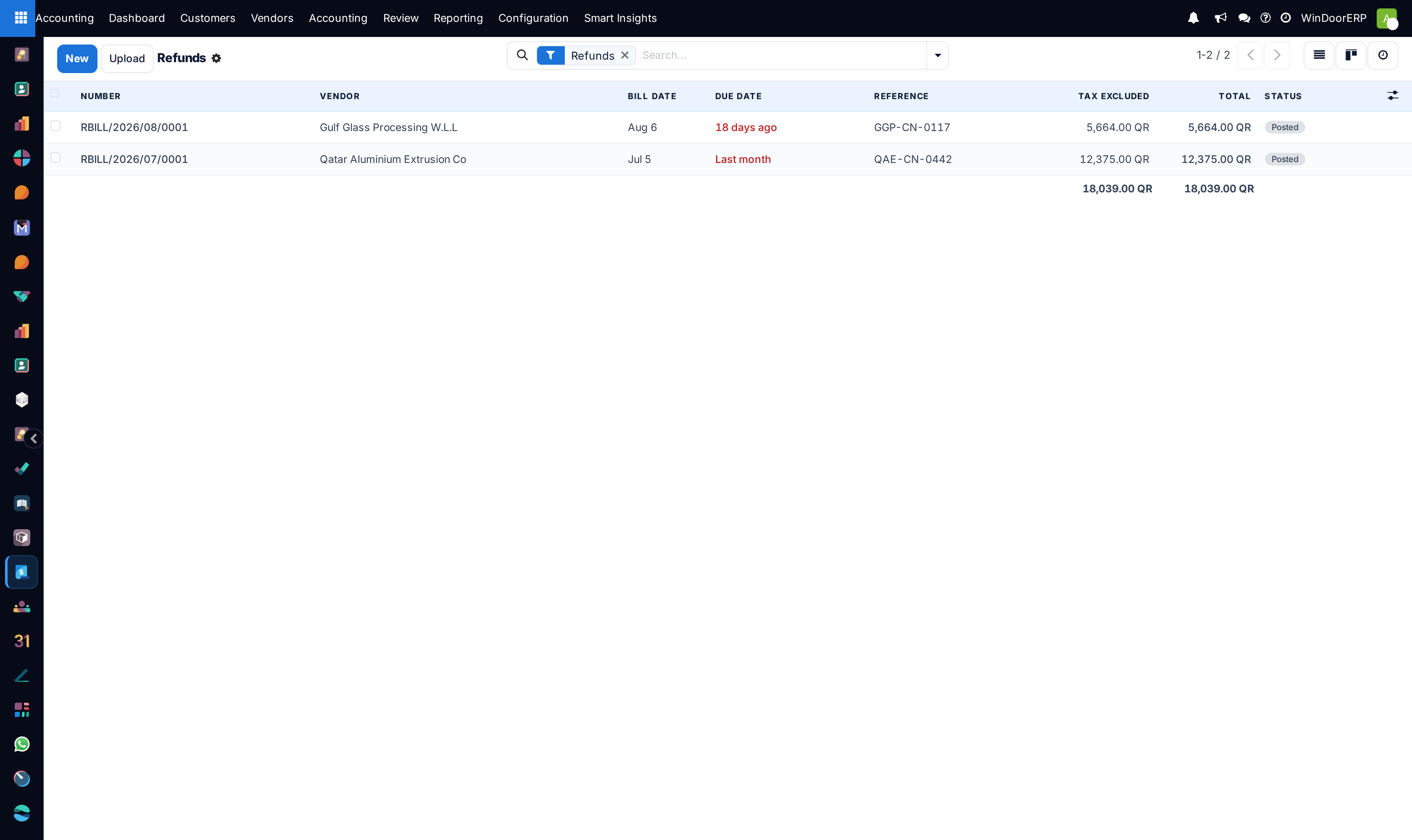 Vendor refunds and debit notes list