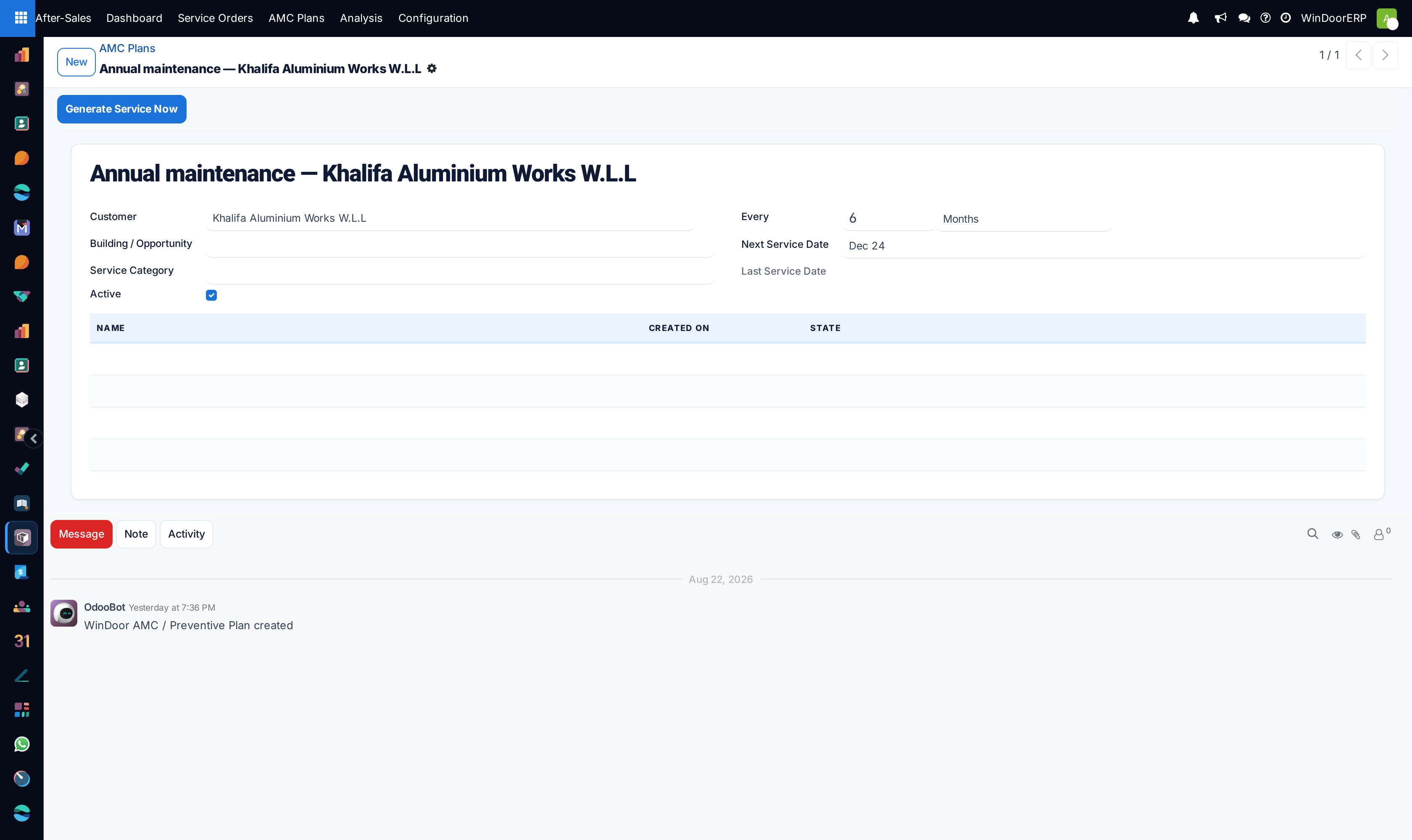 AMC contract detail form with visit schedule, covered window lists, and recurring billing terms