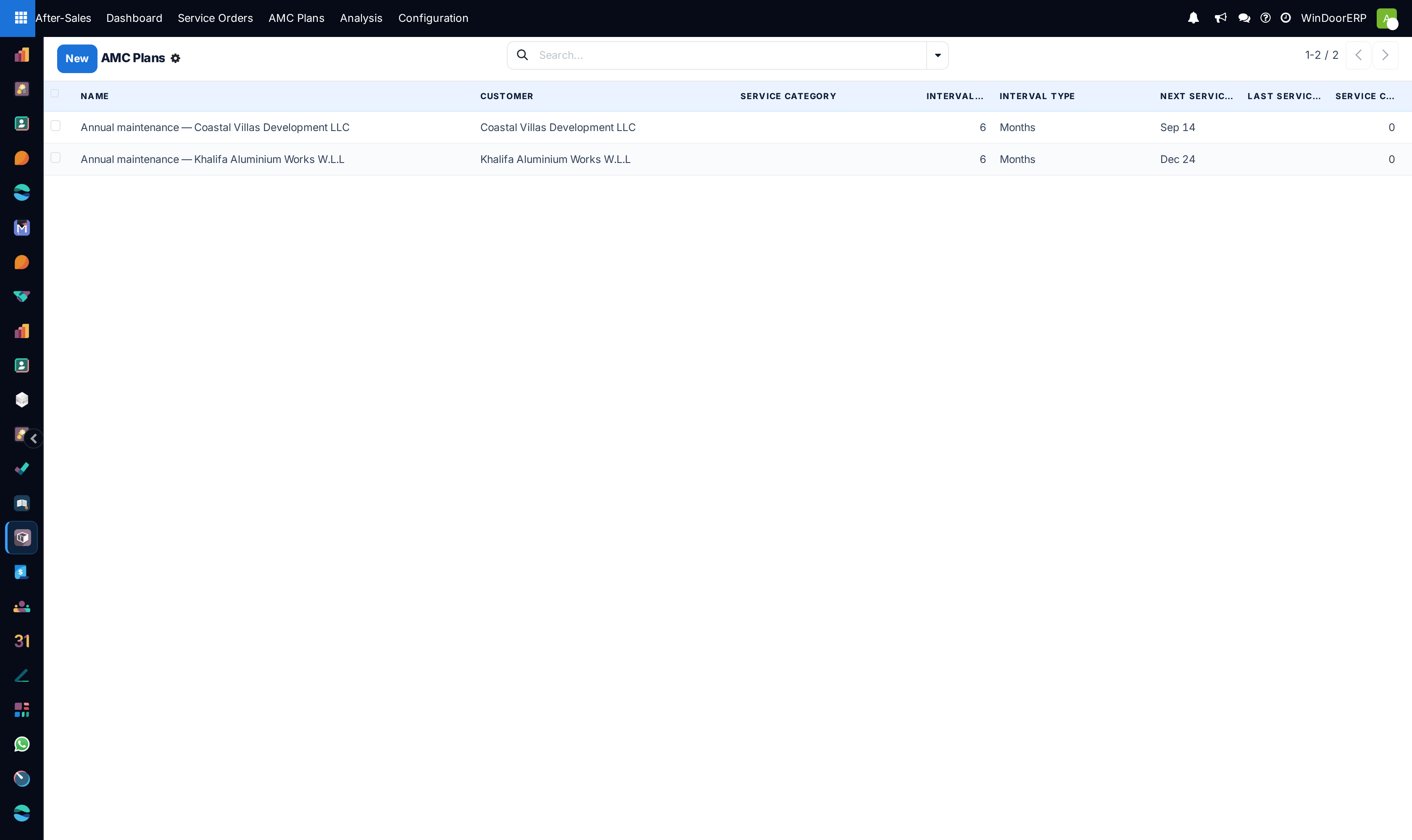 Annual maintenance contracts (AMC) list view showing active coverage, customer names, and renewal dates