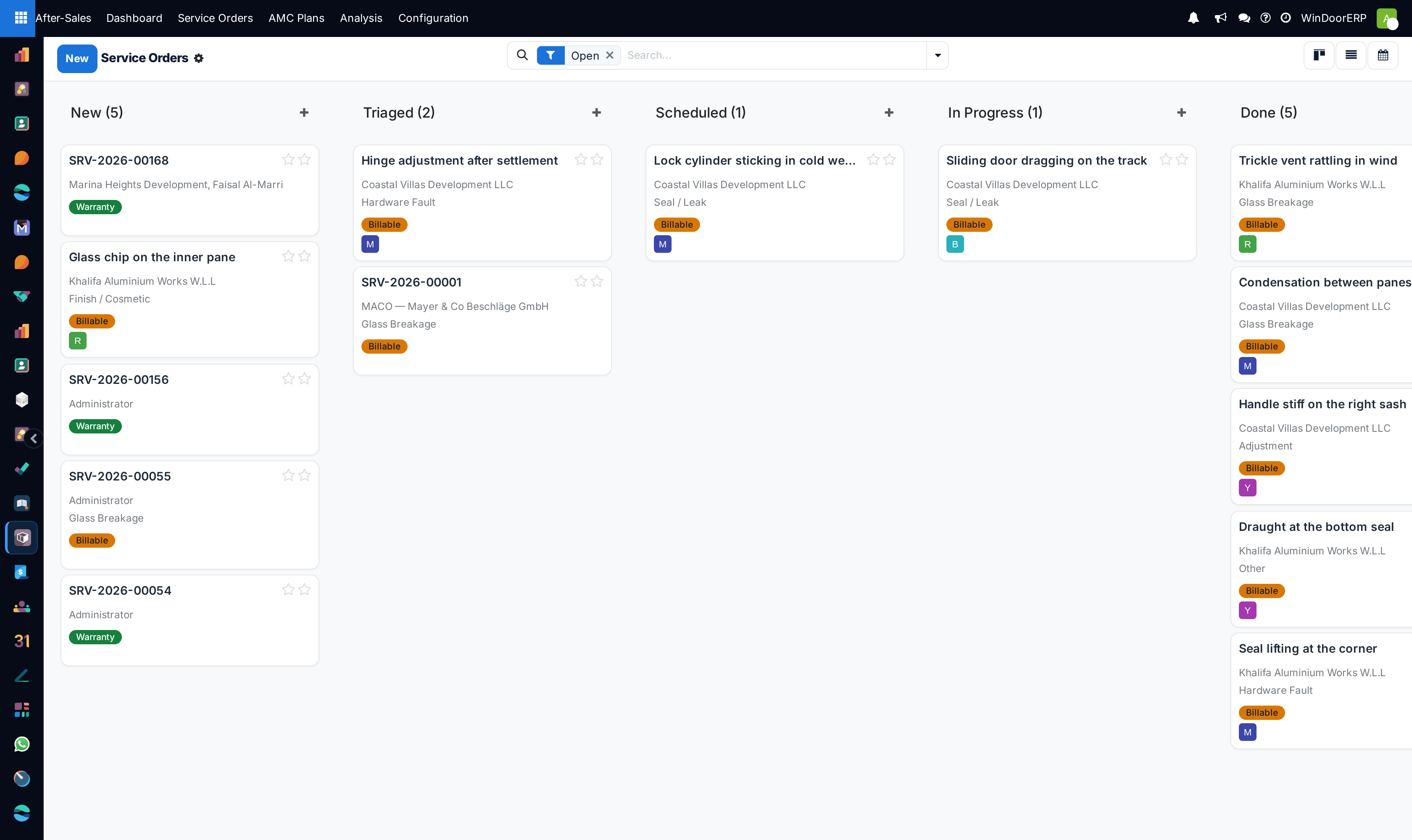 Service orders kanban board tracking tickets from New to Scheduled and Resolved