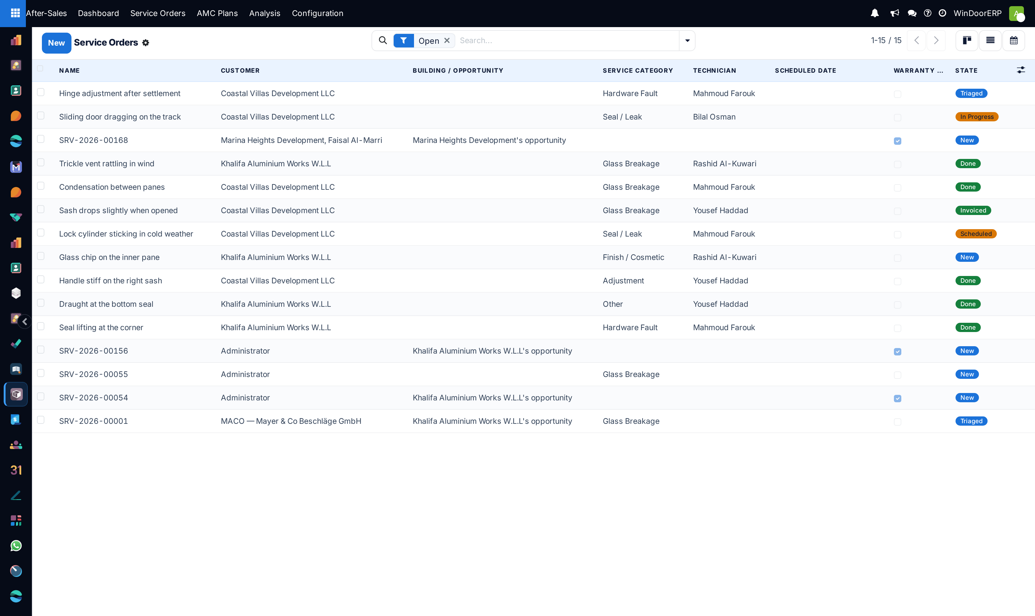 Service orders list view showing ticket priority, customer names, and stage status