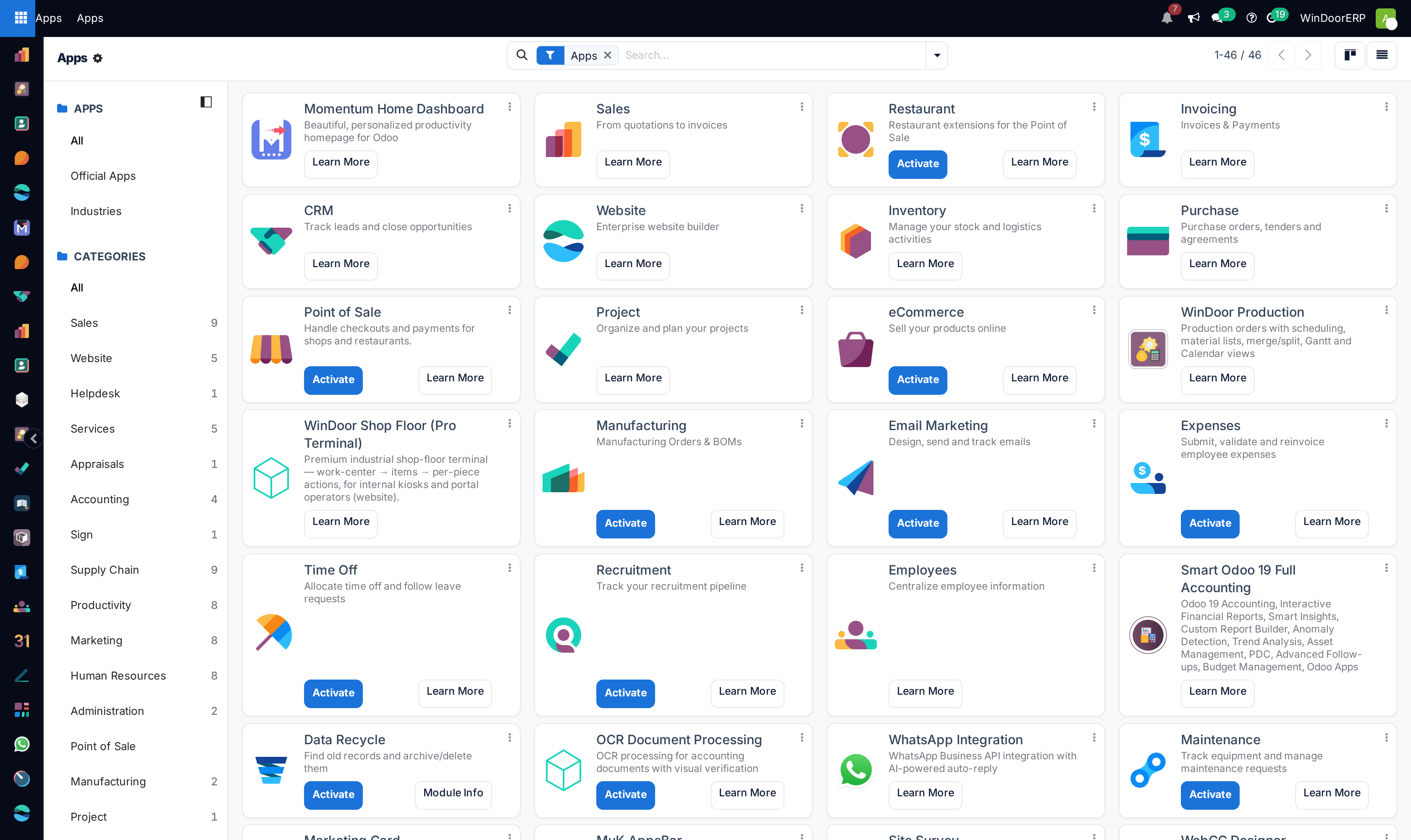 Apps marketplace kanban catalog with module category cards