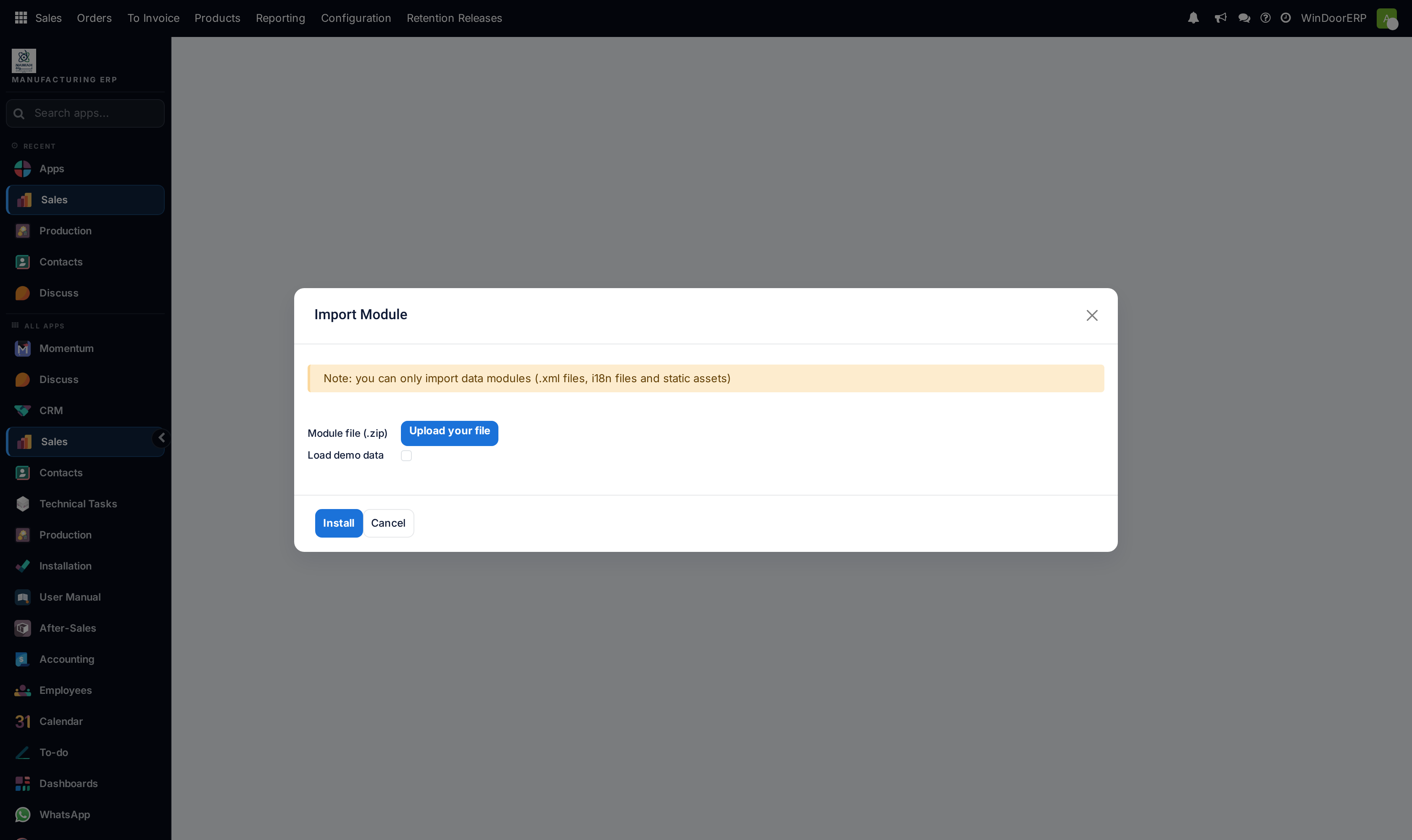 Import module ZIP package upload dialog