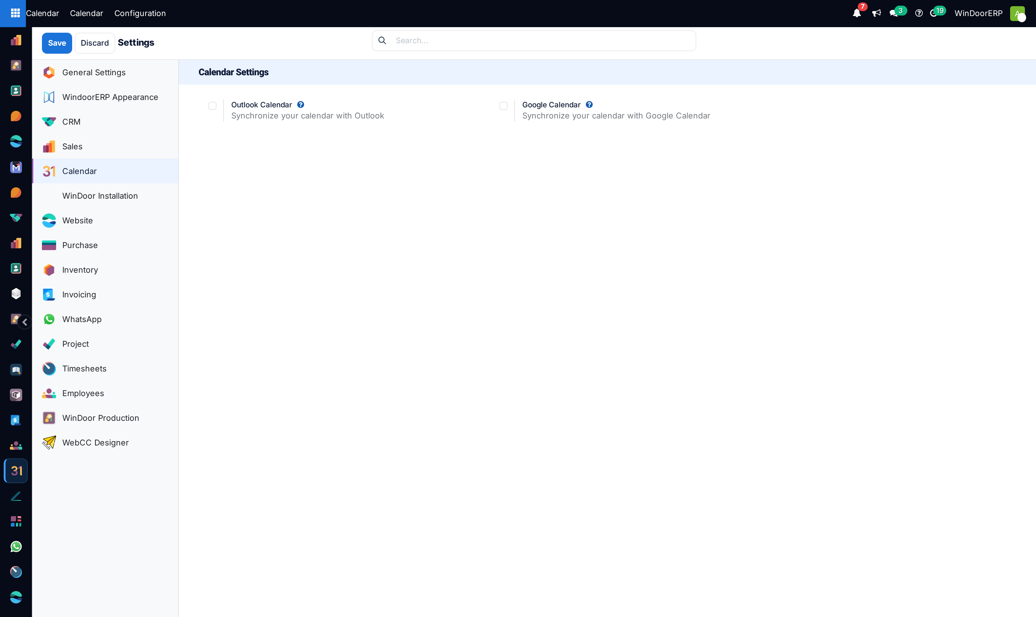 Calendar synchronization and Google/Outlook integration settings panel