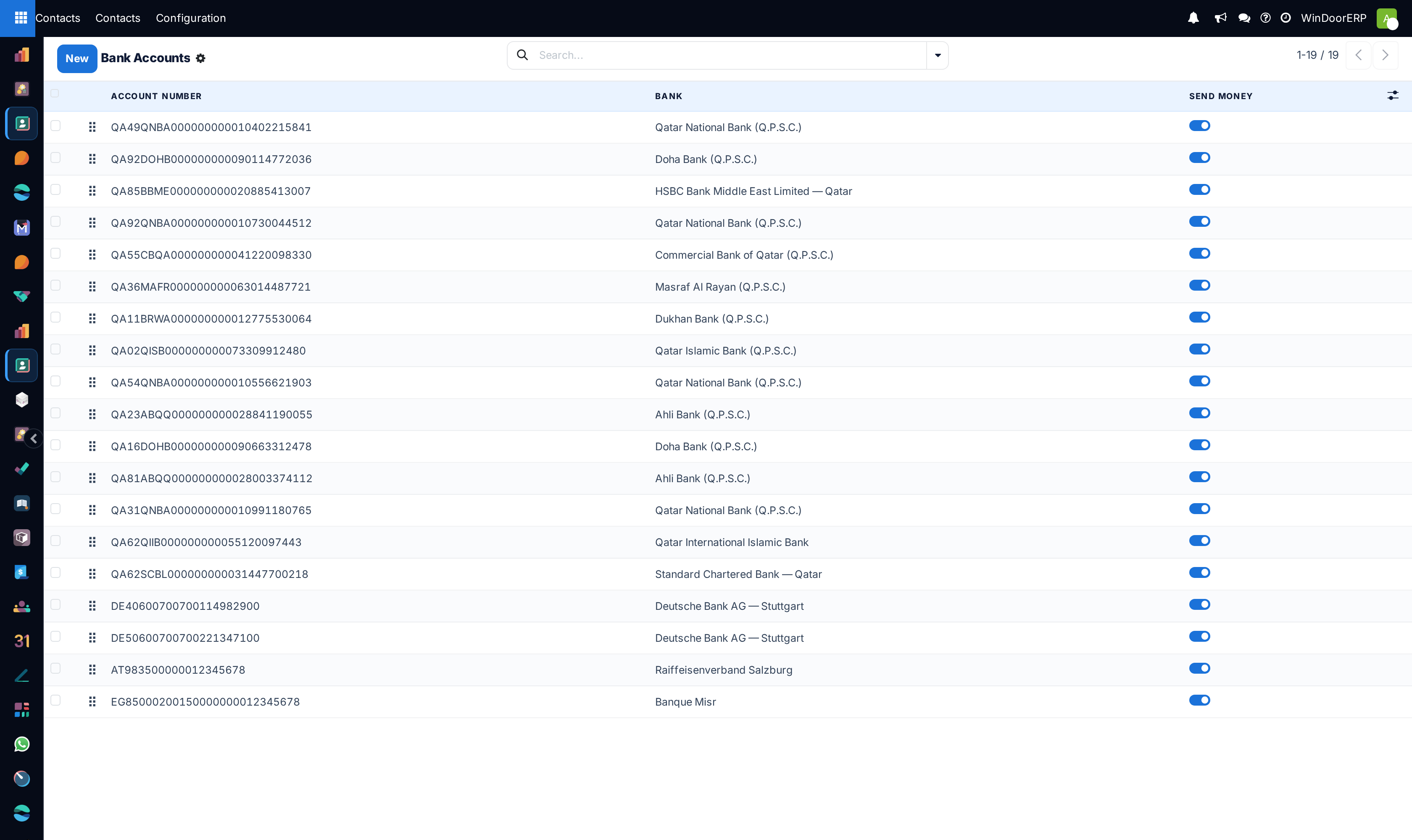 Partner bank accounts registry list showing IBAN numbers and partner names