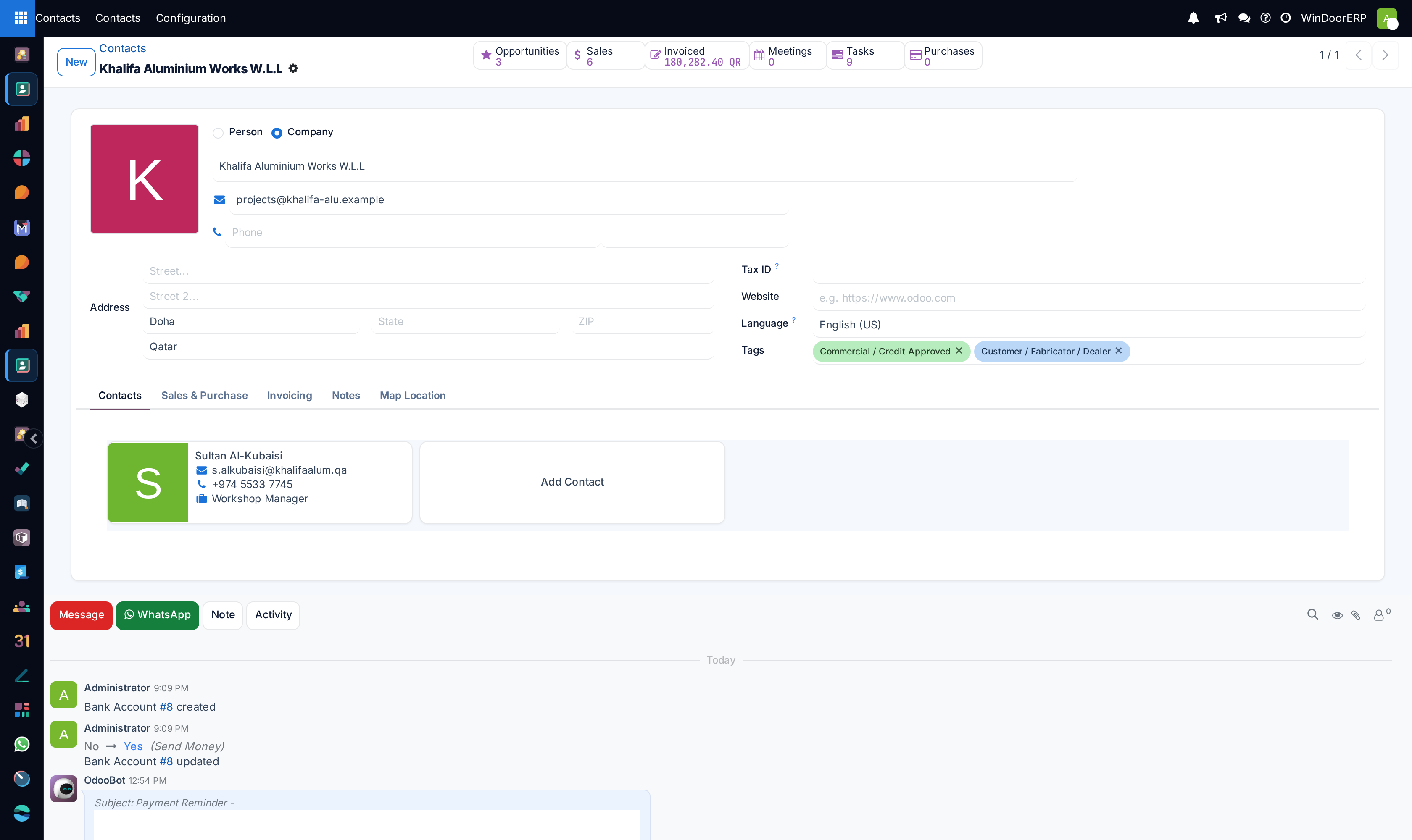 Contact profile detail editor form with sales, purchase, invoicing, and address tabs