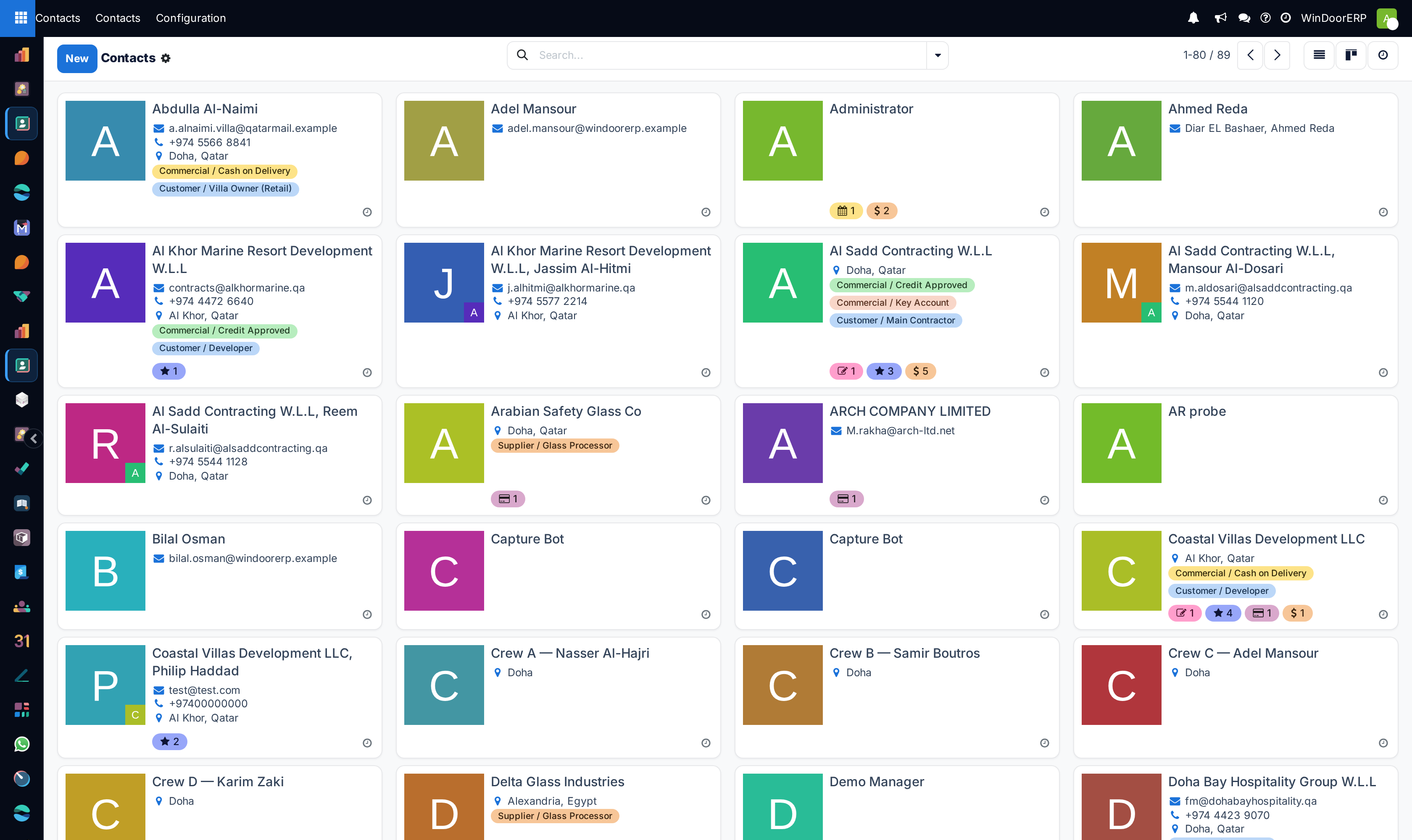 Contacts kanban grid with avatar badges and quick interaction links