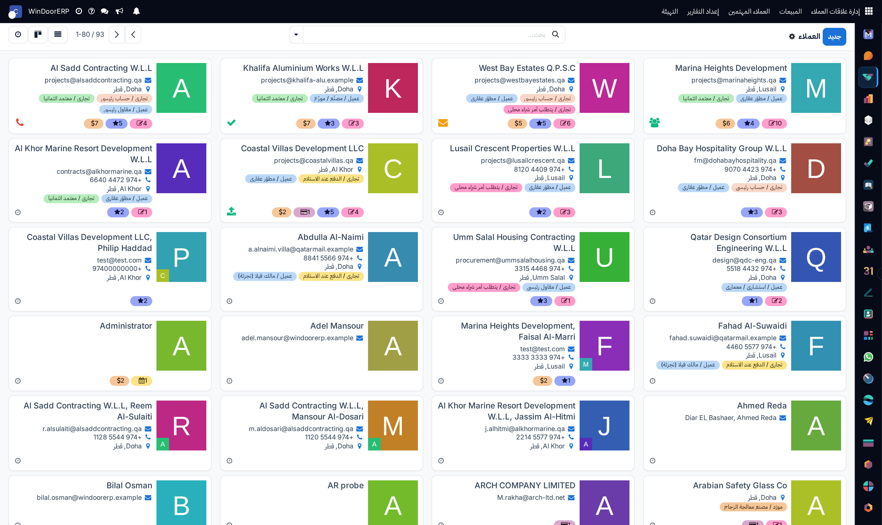 Customer directory kanban cards with contact and sales metrics