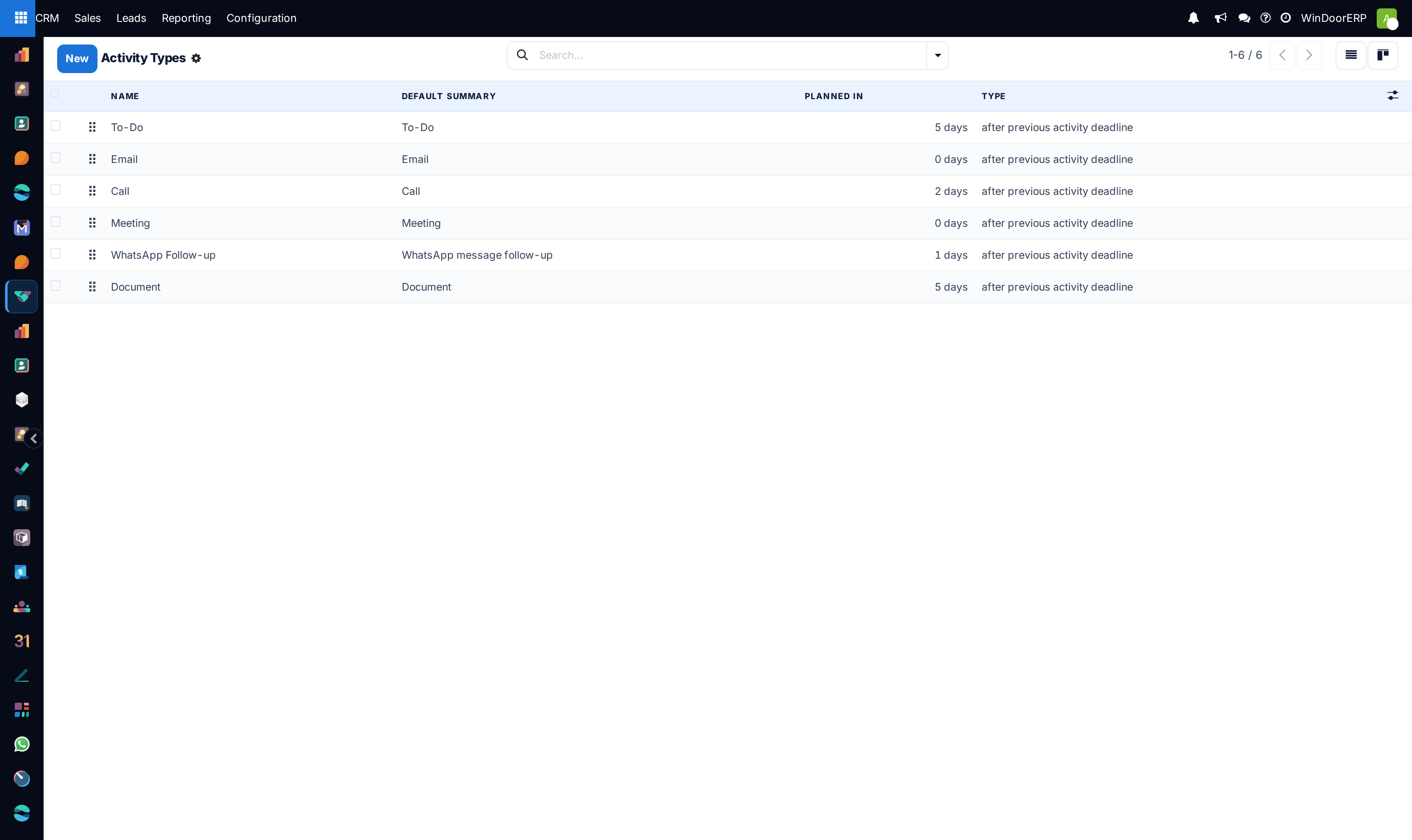 Activity types catalog list