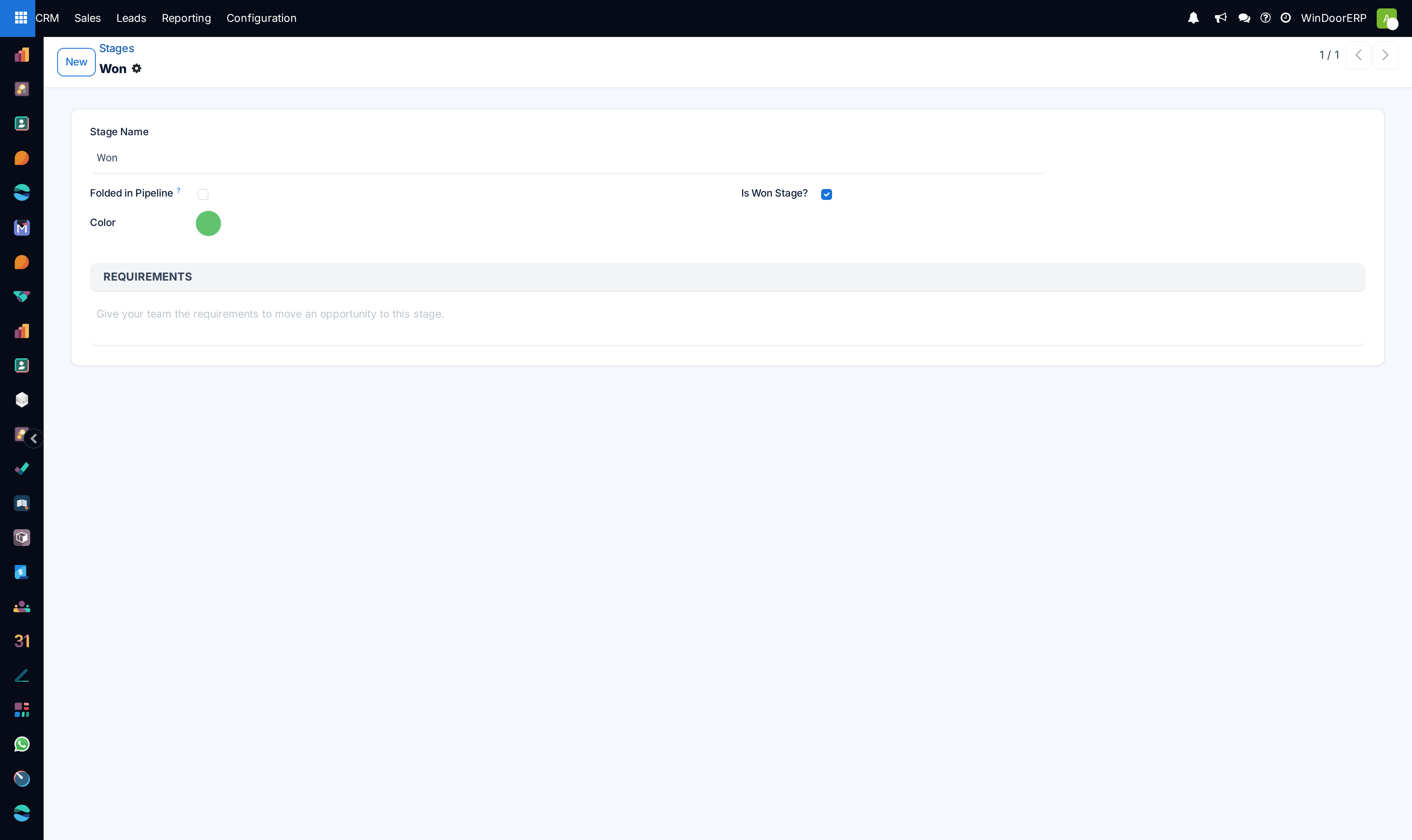 Pipeline stage editor with probability and team binding