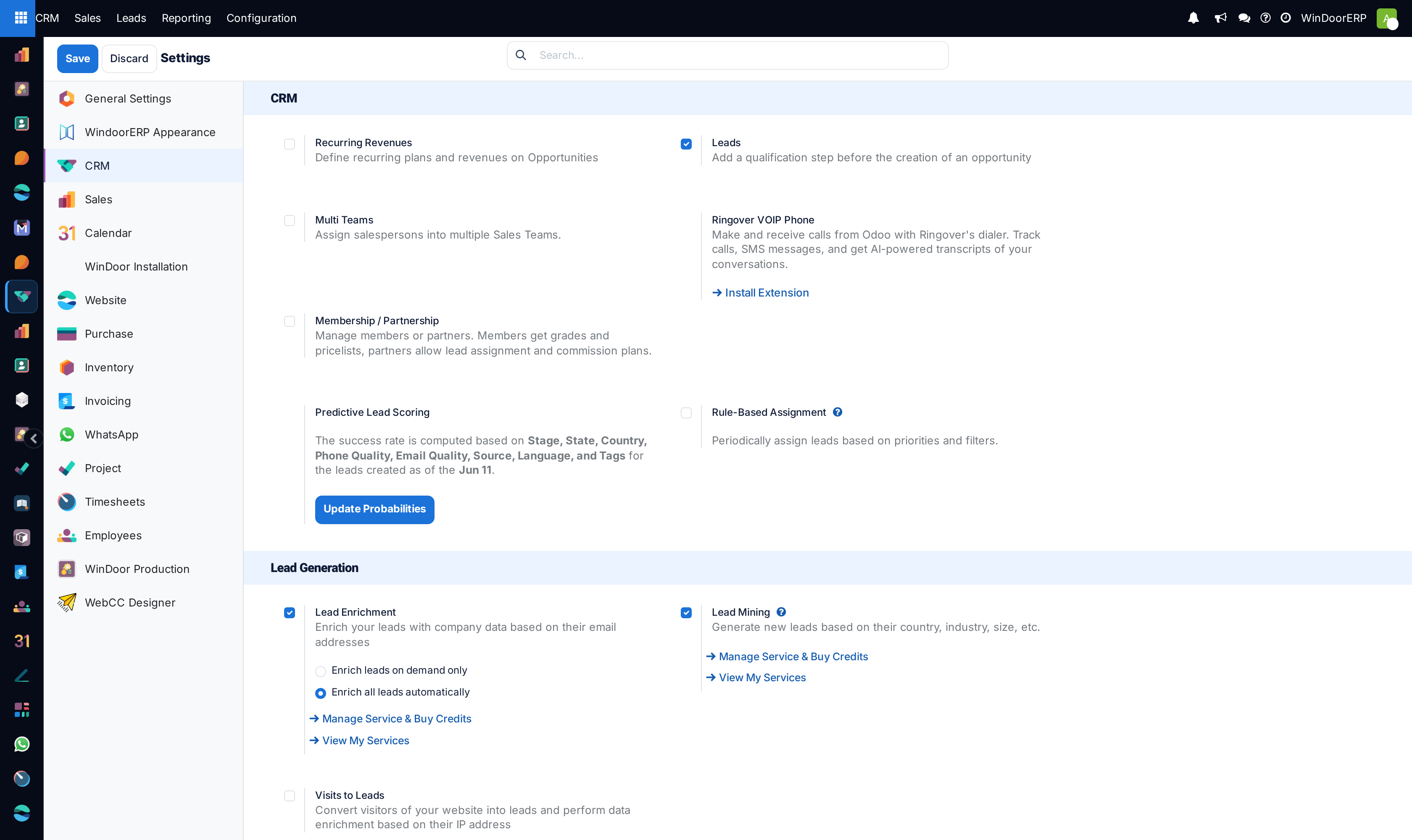 CRM global configuration settings panel