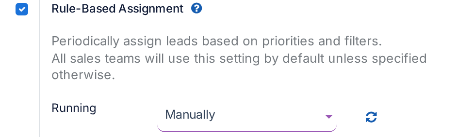 The Rule-Based Assignment block in the CRM settings, switched on with Running set to Manually