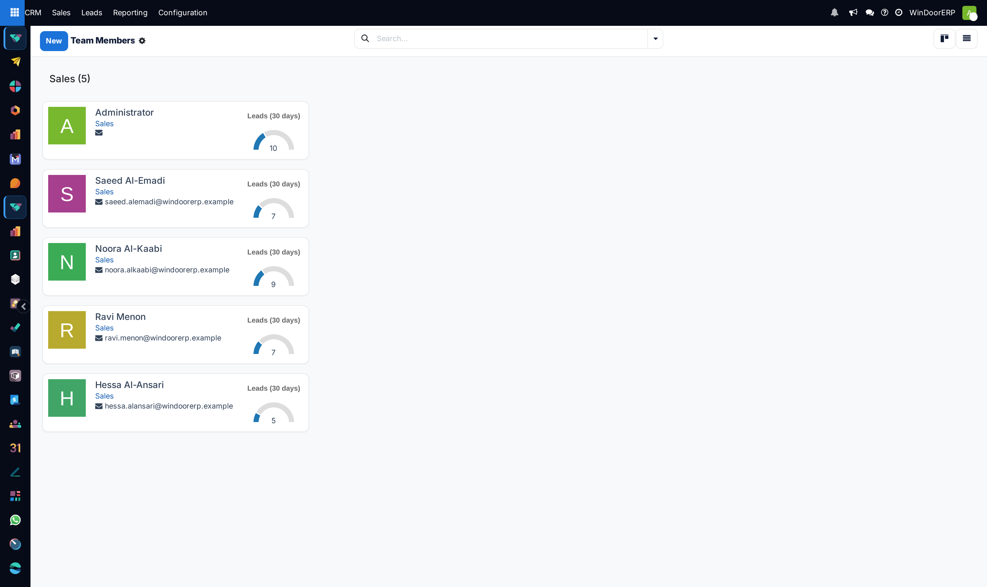The Team Members kanban where each member card carries a 30-day lead gauge