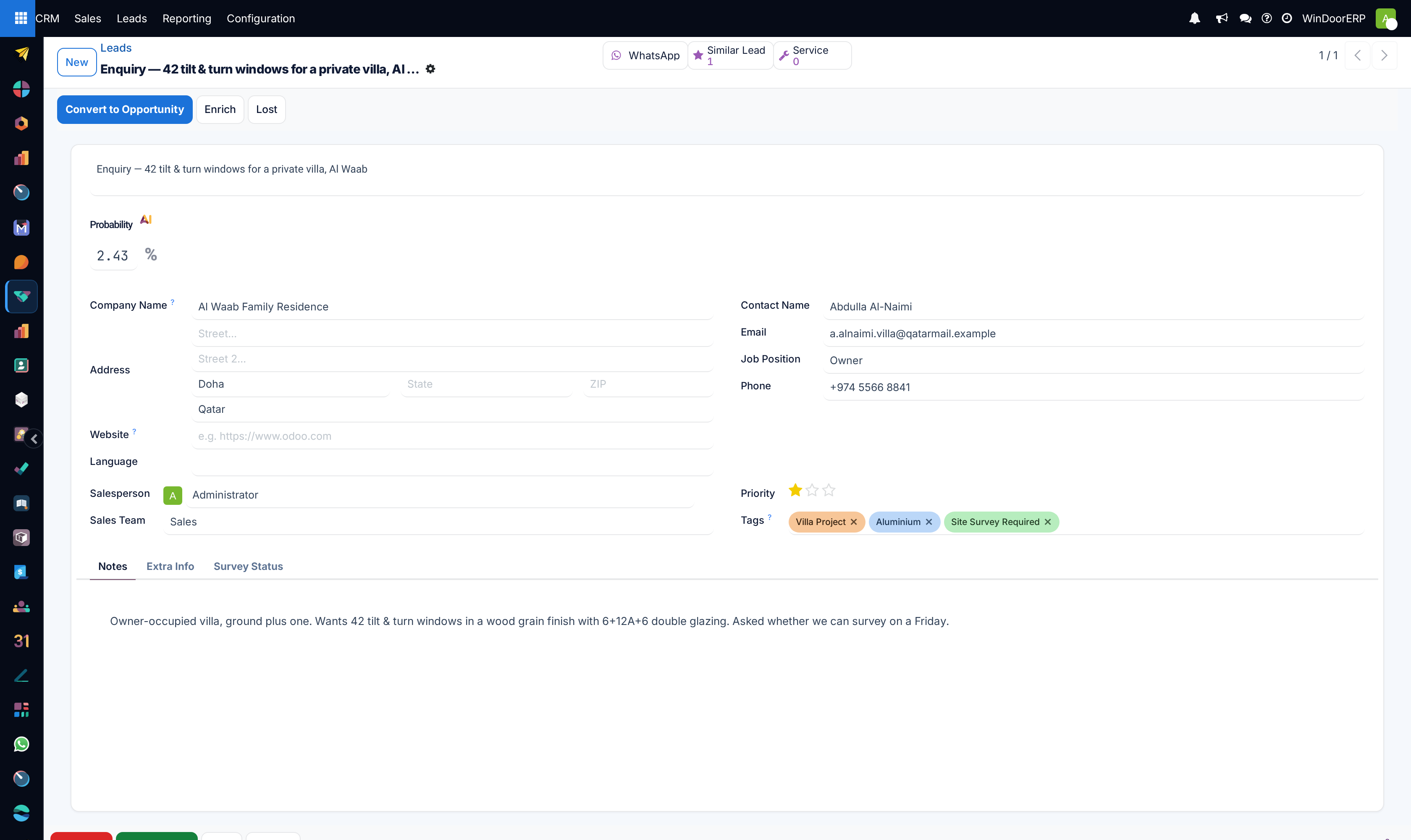 A lead form: the contact block, the assignment block and the Convert to Opportunity button